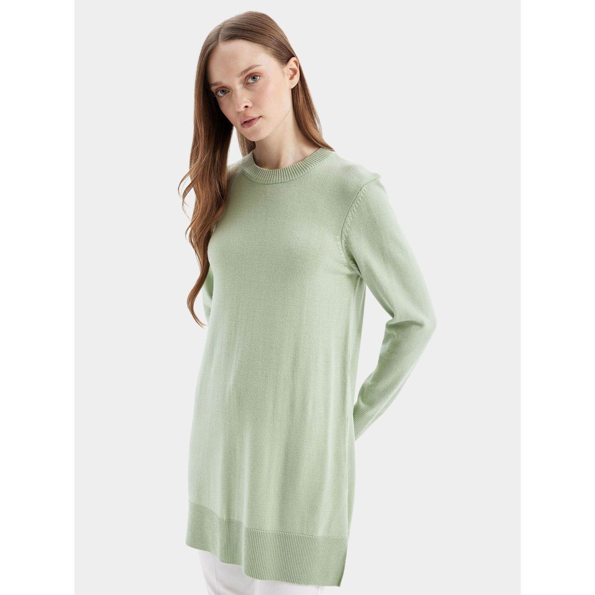 بلوزة تونيك طويلة بقصة عادية وياقة دائرية مع شق جانبي ديفاكتو × ستايلي-women-clothing-shirtsandblouses-blouses-image-1