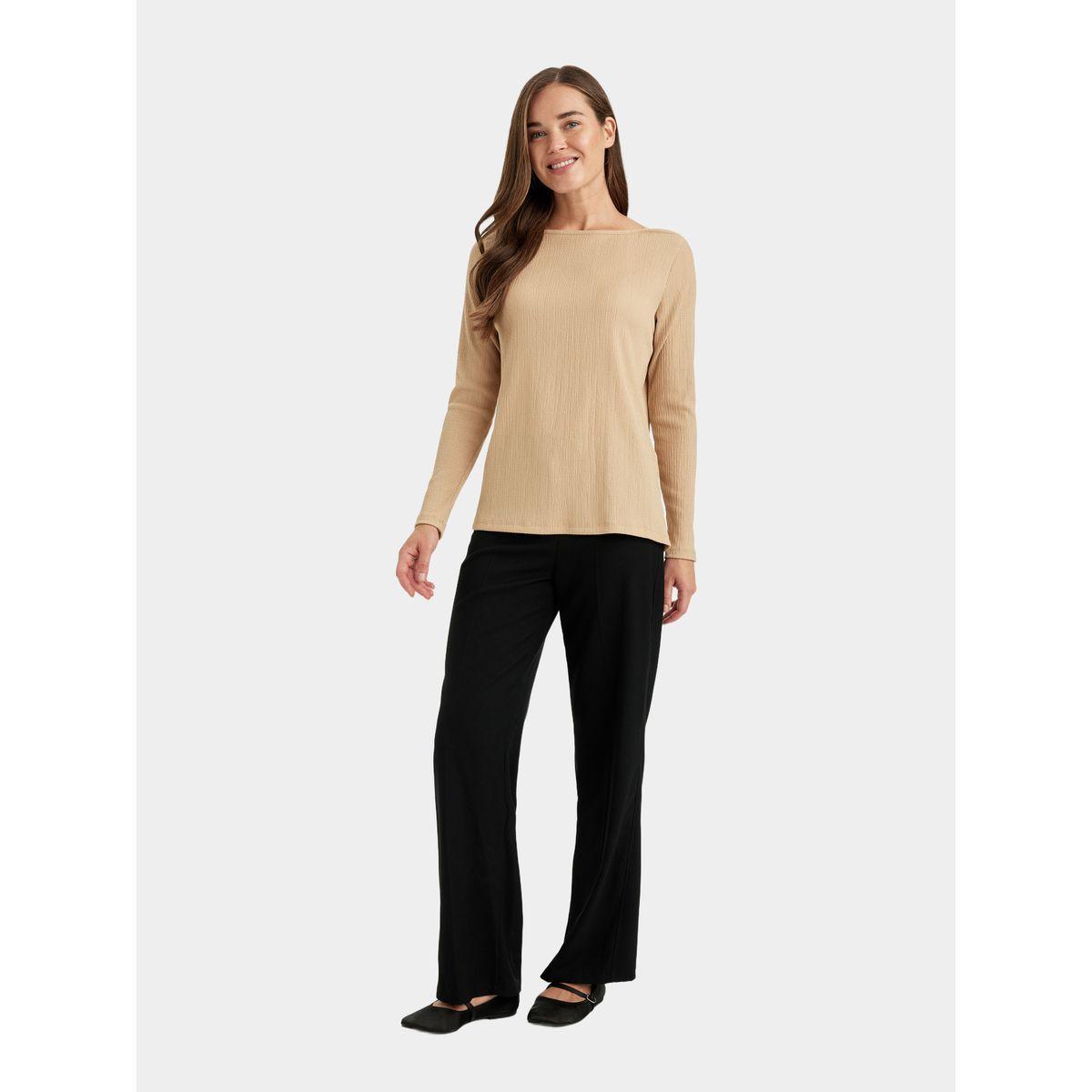 تيشيرت بقصة عادية وياقة قارب مع أكمام طويلة ديفاكتو × ستايلي-women-clothing-tshirts-image-4