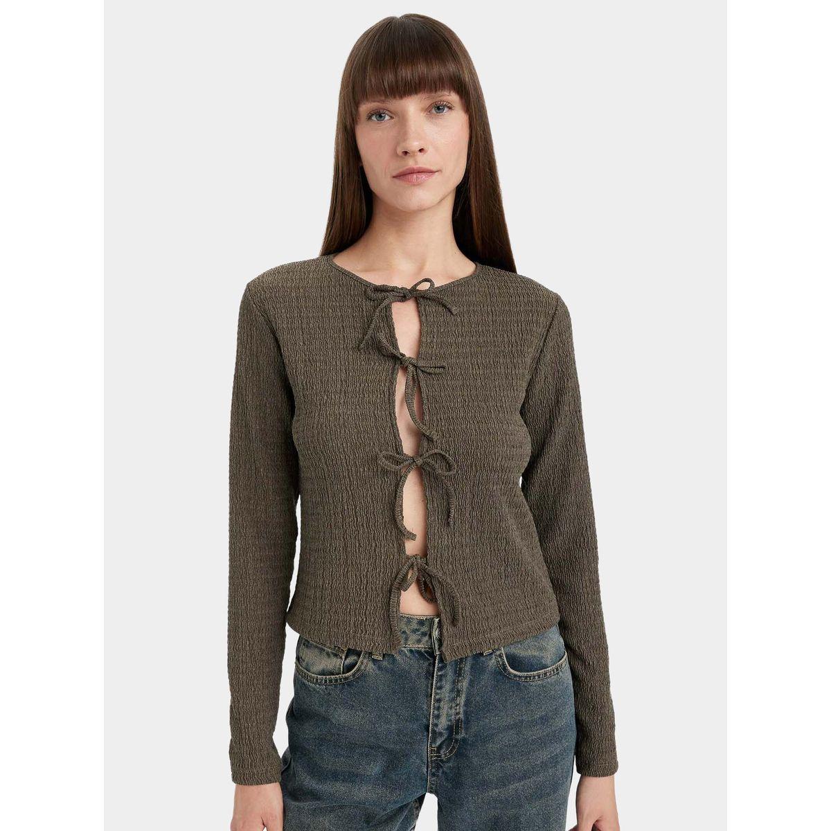 DeFacto Textured Regular Fit Front Tie Wrinkled T-Shirt-women-clothing-tshirts-image-1