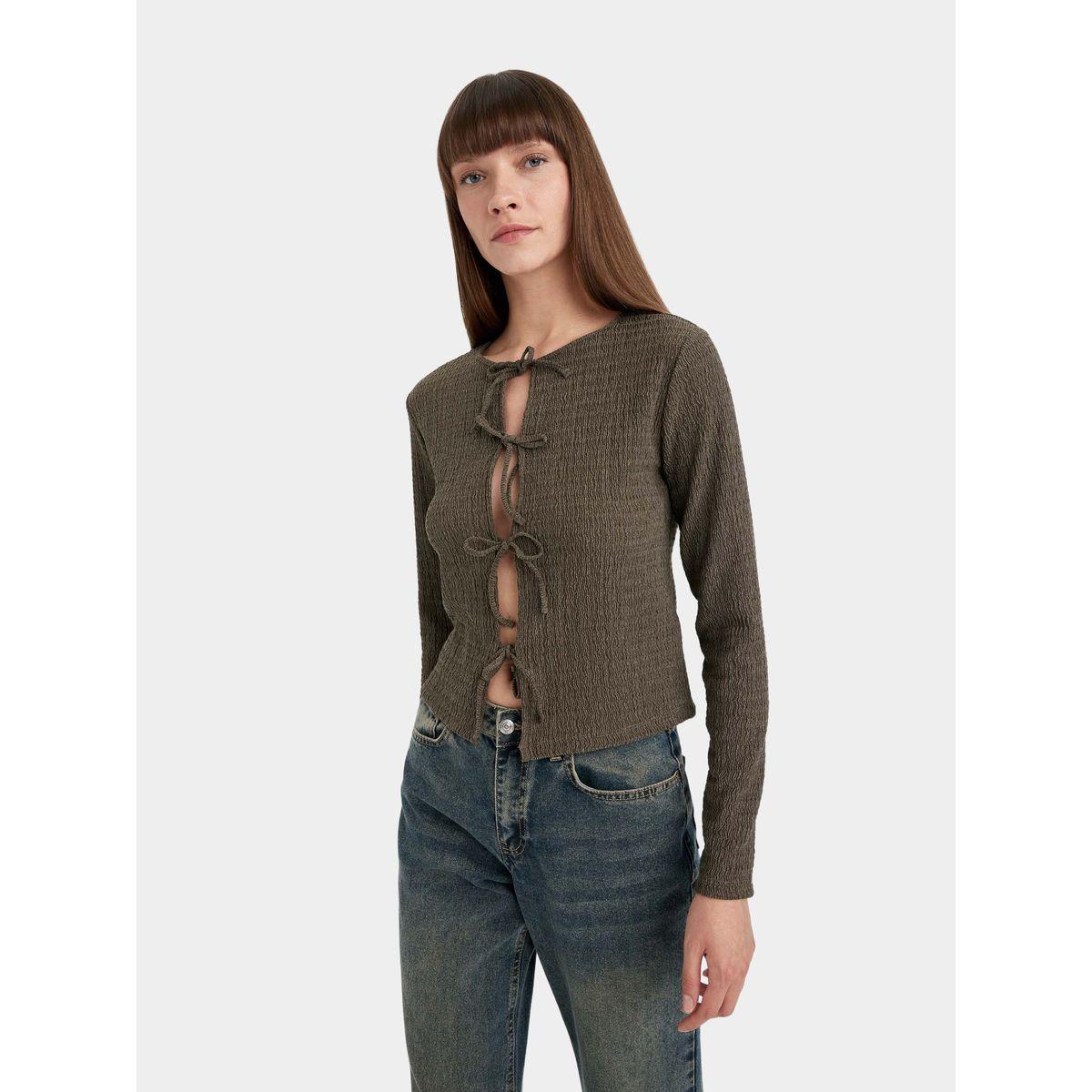DeFacto Textured Regular Fit Front Tie Wrinkled T-Shirt-women-clothing-tshirts-image-4
