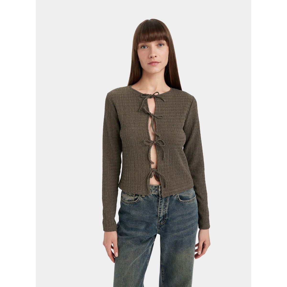 تونيك بياقة دائرية وتفاصيل بارزة الملمس-women-clothing-tshirts-image-6