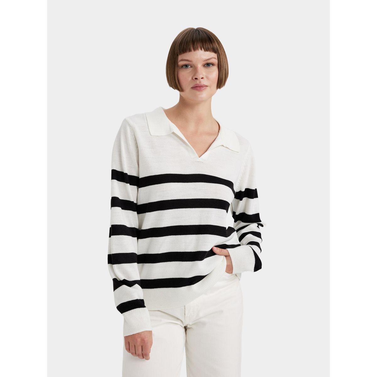 DeFacto Striped Regular Fit Polo Neck Sweater-women-winterwear-cardigansandjumpers-cardigans-image-1
