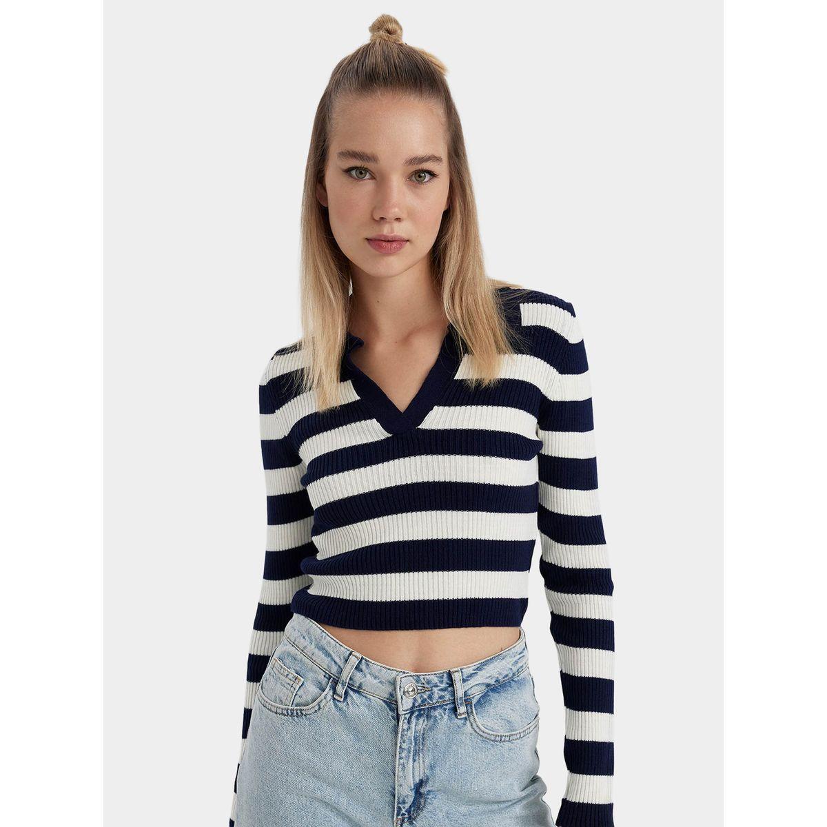 سويتر مخطط بياقة بولو وقصة سليم ديفاكتو × ستايلي-women-winterwear-cardigansandjumpers-cardigans-image-2