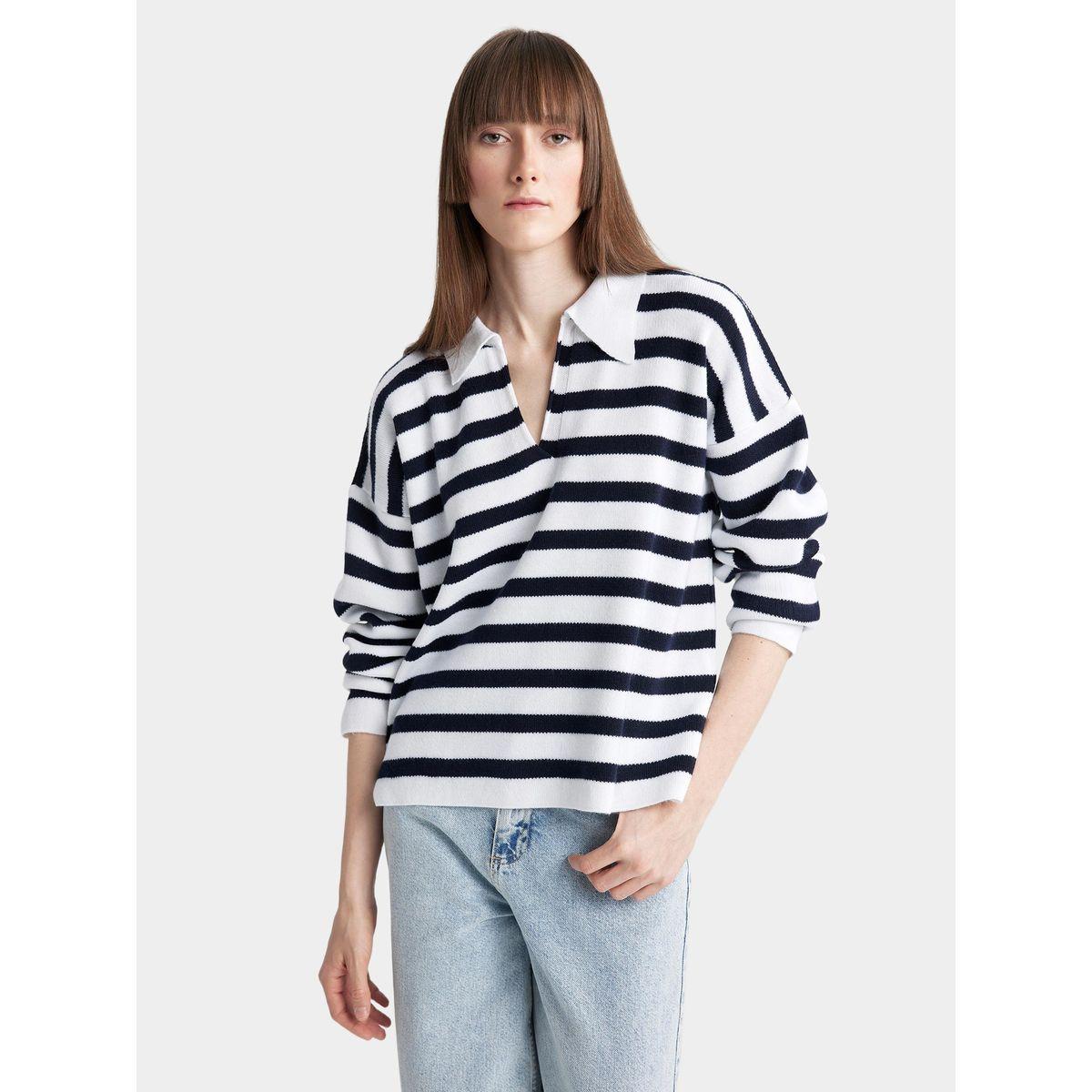سويتر مخطط بياقة بولو وقصة عادية ديفاكتو × ستايلي-women-winterwear-cardigansandjumpers-cardigans-image-1