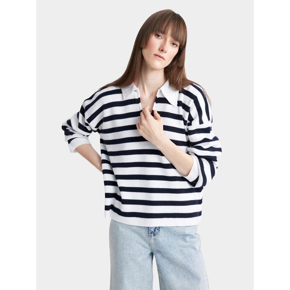 DeFacto X Styli  Regular Fit Striped Polo Neck Sweater-women-winterwear-cardigansandjumpers-cardigans-image-3