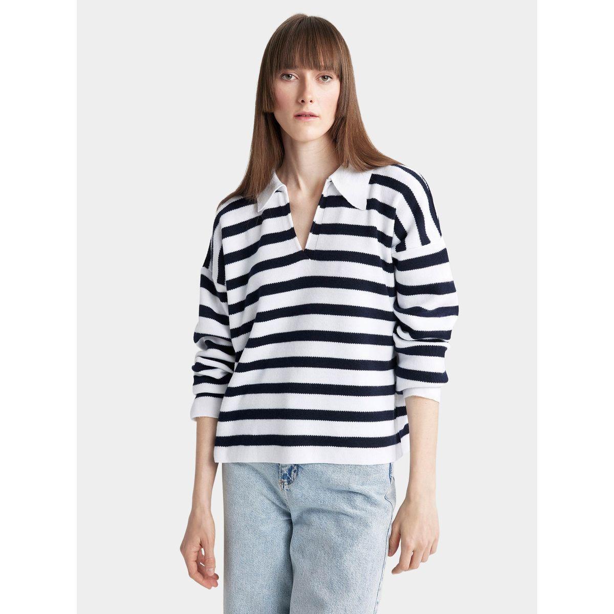 DeFacto X Styli  Regular Fit Striped Polo Neck Sweater-women-winterwear-cardigansandjumpers-cardigans-image-5