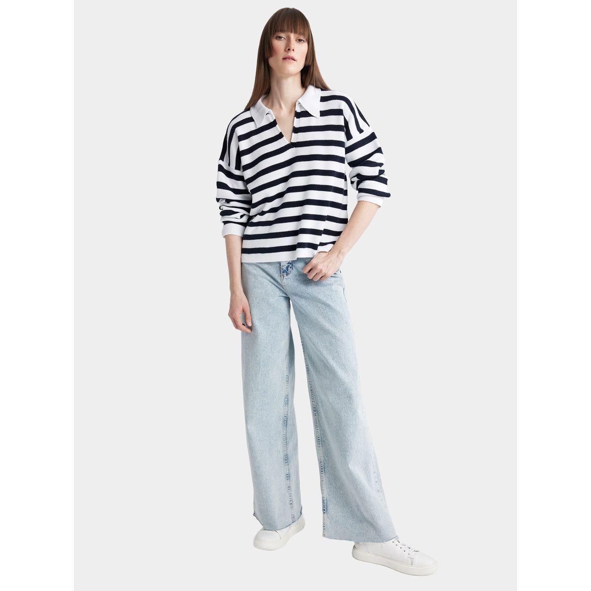 DeFacto X Styli  Regular Fit Striped Polo Neck Sweater-women-winterwear-cardigansandjumpers-cardigans-image-6