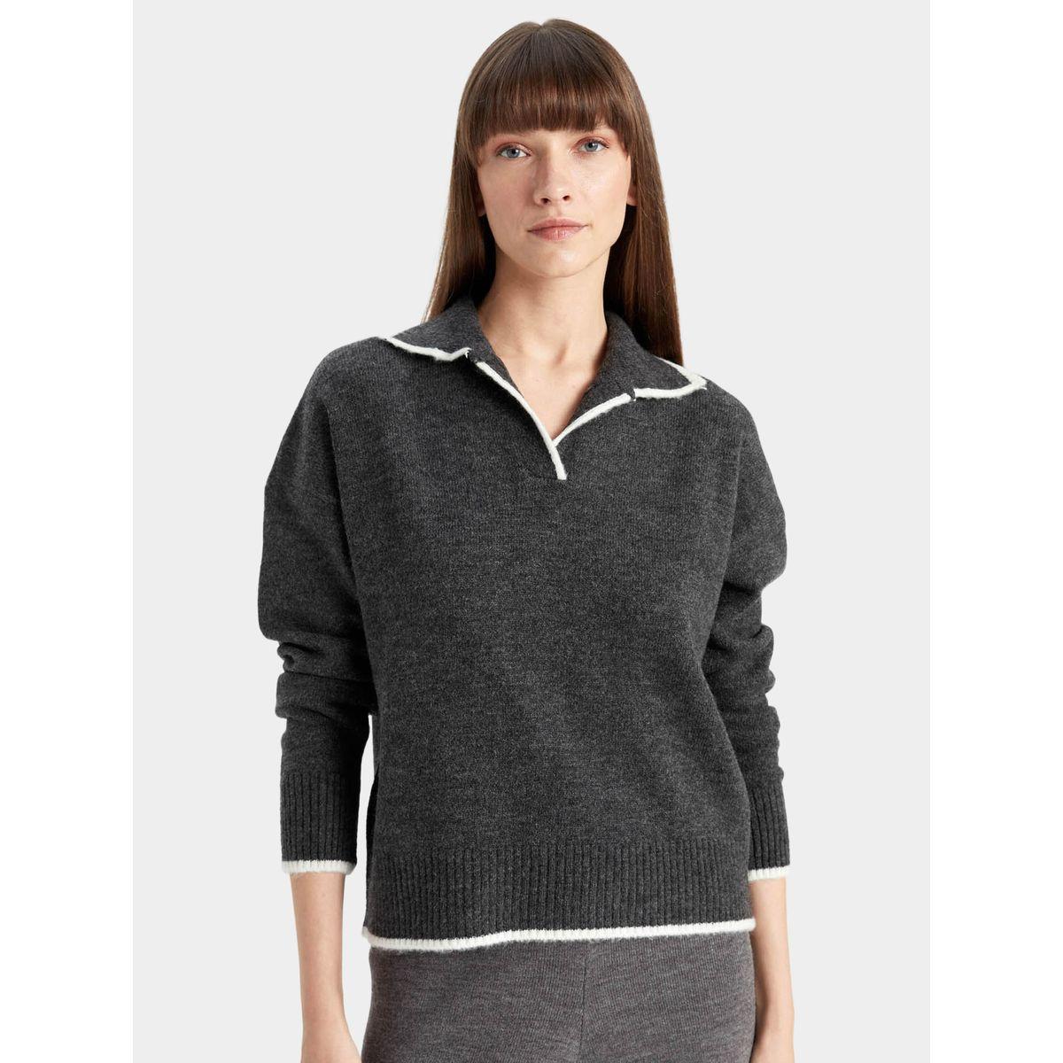 DeFacto X Styli  Regular Fit Soft Textured Polo Neck Knit Sweater-women-winterwear-cardigansandjumpers-cardigans-image-1