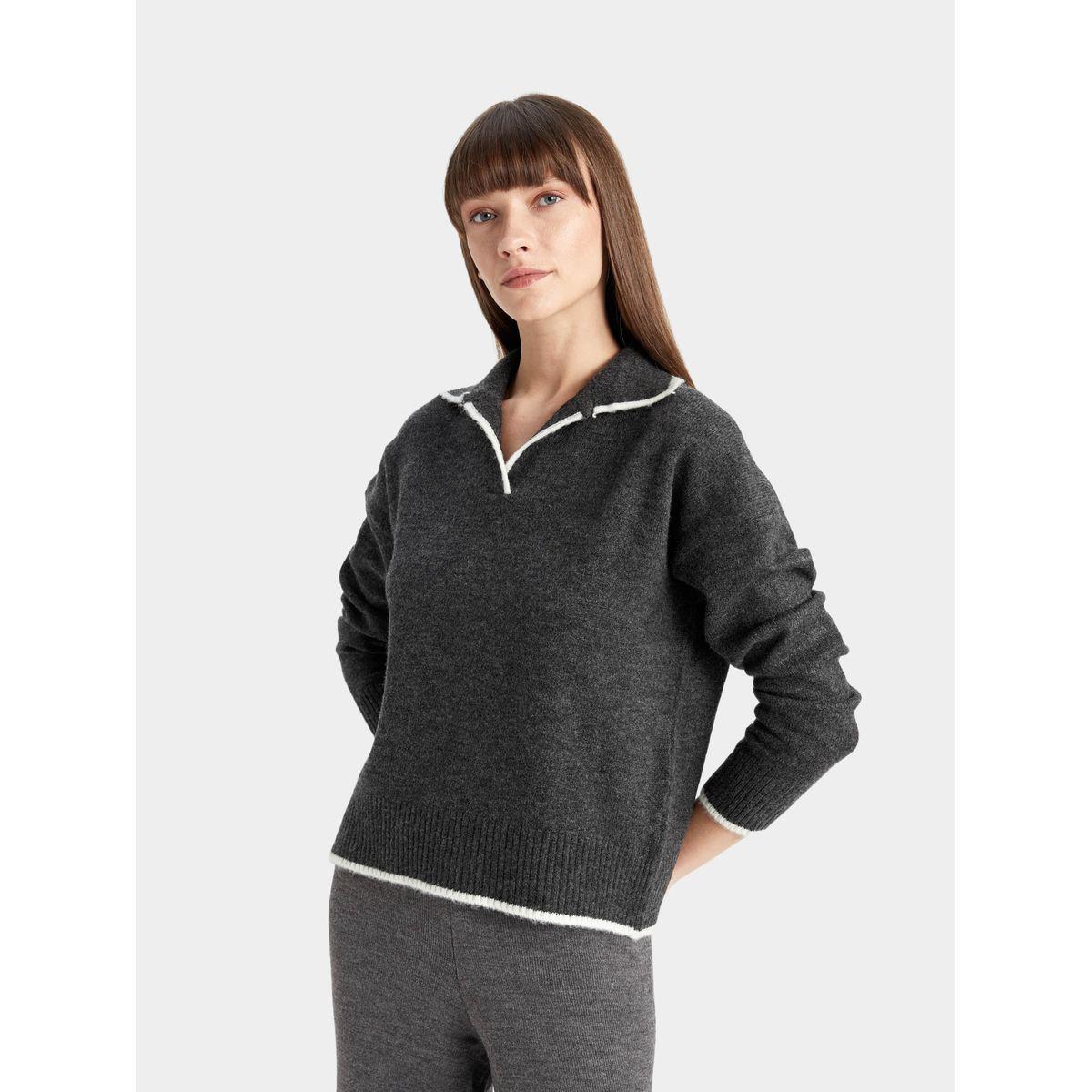 DeFacto X Styli  Regular Fit Soft Textured Polo Neck Knit Sweater-women-winterwear-cardigansandjumpers-cardigans-image-5