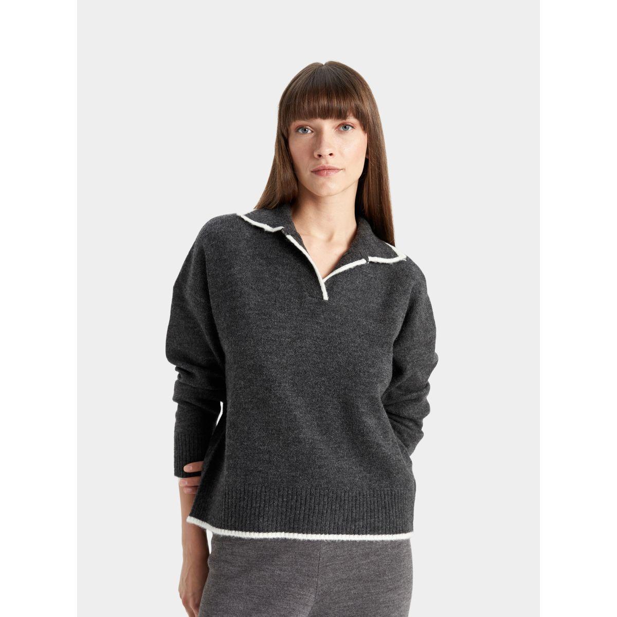 سويتر محبوك بياقة بولو وتفاصيل بارزة الملمس ديفاكتو × ستايلي-women-winterwear-cardigansandjumpers-cardigans-image-6