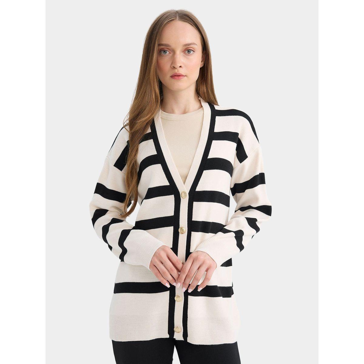 DeFacto X Styli  Striped V Neck Longline Regular Fit Cardigan-women-winterwear-cardigansandjumpers-cardigans-image-2