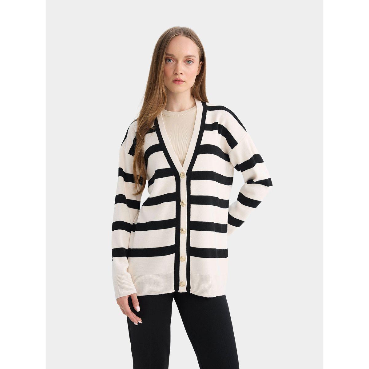 DeFacto X Styli  Striped V Neck Longline Regular Fit Cardigan-women-winterwear-cardigansandjumpers-cardigans-image-3