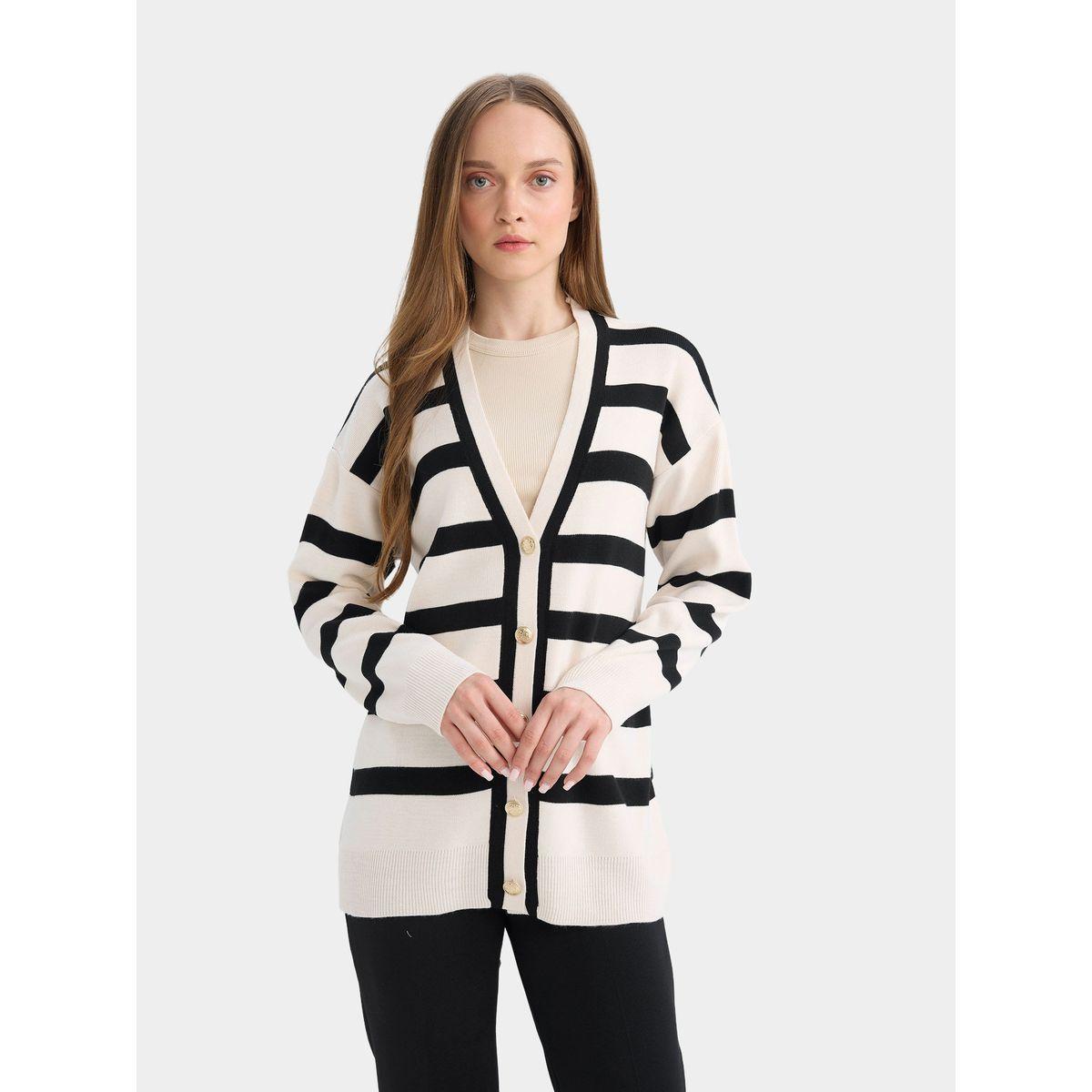 DeFacto X Styli  Striped V Neck Longline Regular Fit Cardigan-women-winterwear-cardigansandjumpers-cardigans-image-4