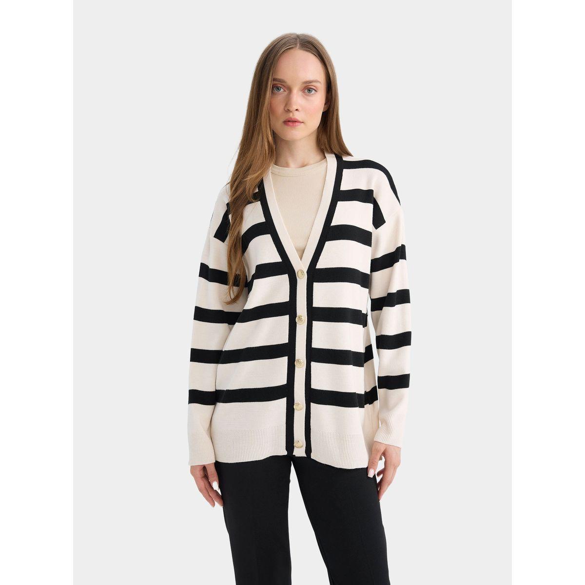 DeFacto X Styli  Striped V Neck Longline Regular Fit Cardigan-women-winterwear-cardigansandjumpers-cardigans-image-5