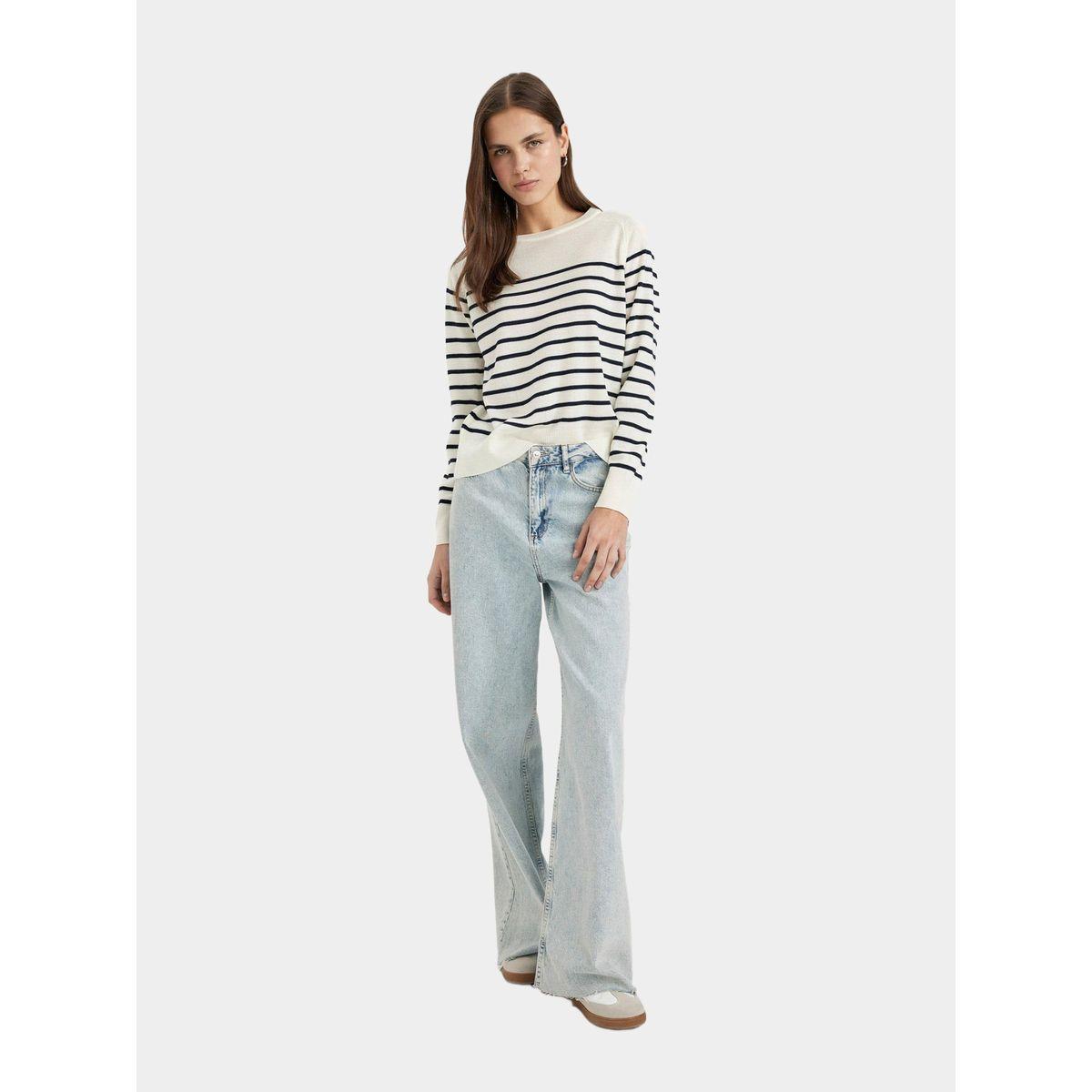 DeFacto Striped Crew Neck Regular Fit Sweater-women-winterwear-cardigansandjumpers-cardigans-image-3