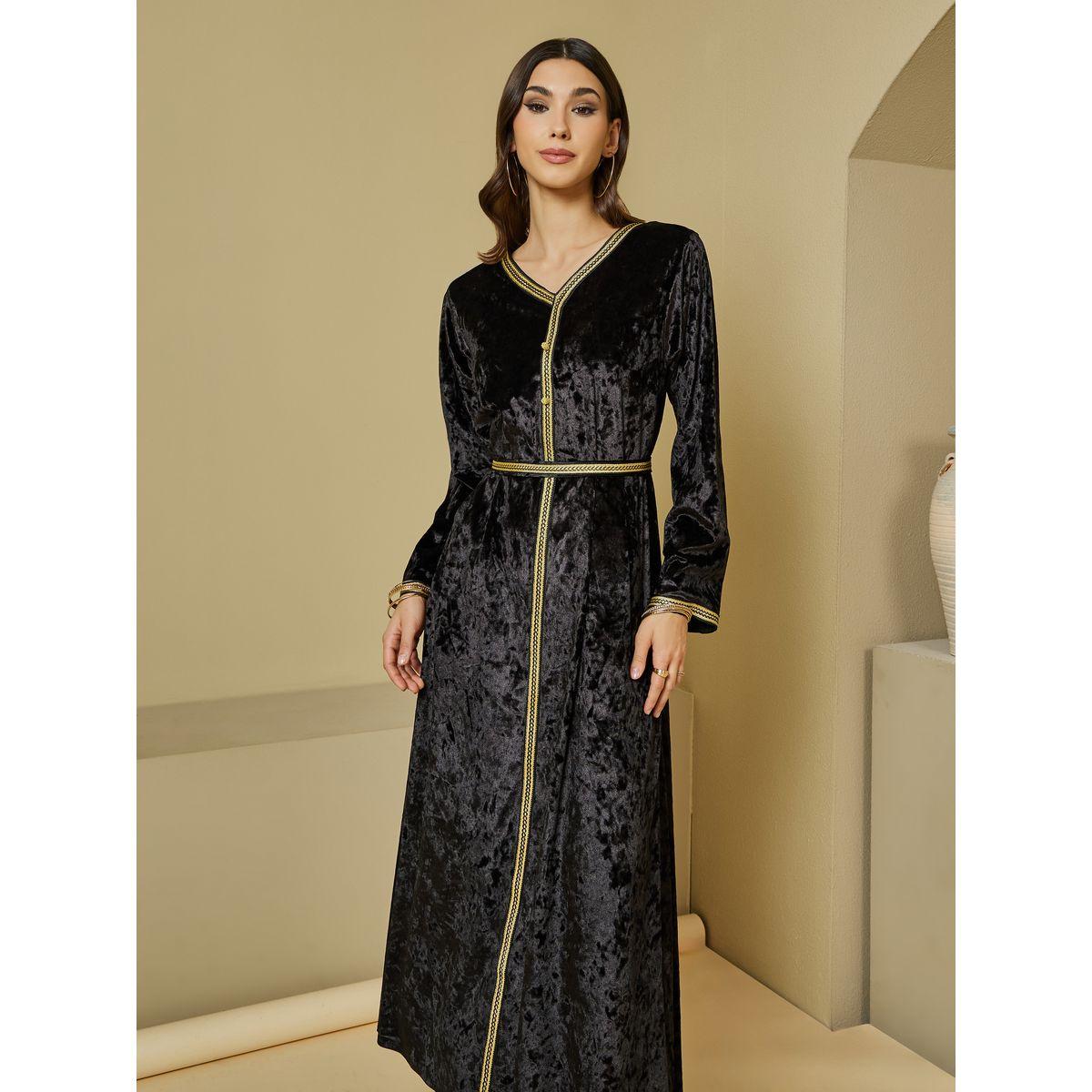 Styli Crushed Velvet Magrabi Lace Kaftan with Tie Belt-women-arabicclothing-kaftan-image-2