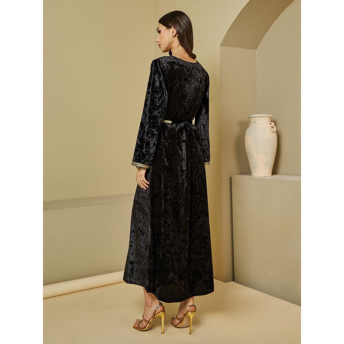 Styli Crushed Velvet Magrabi Lace Kaftan with Tie Belt-women-arabicclothing-kaftan-image-4