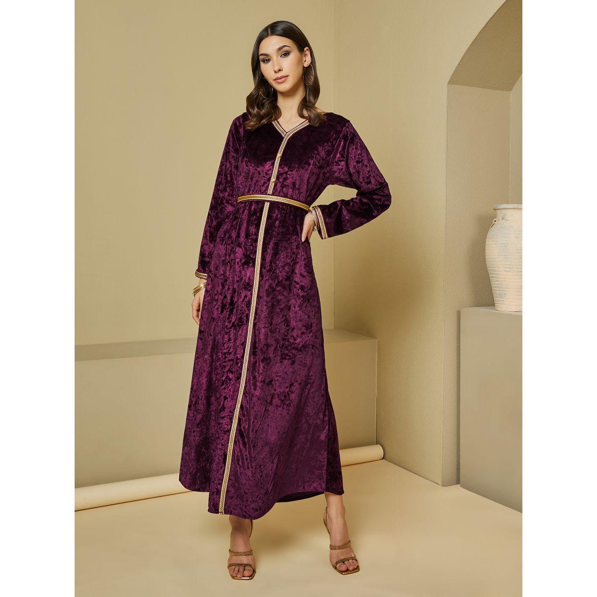قفطان مخمل بتفاصيل دانتيل مع حزام خصر-women-arabicclothing-kaftan-image-1