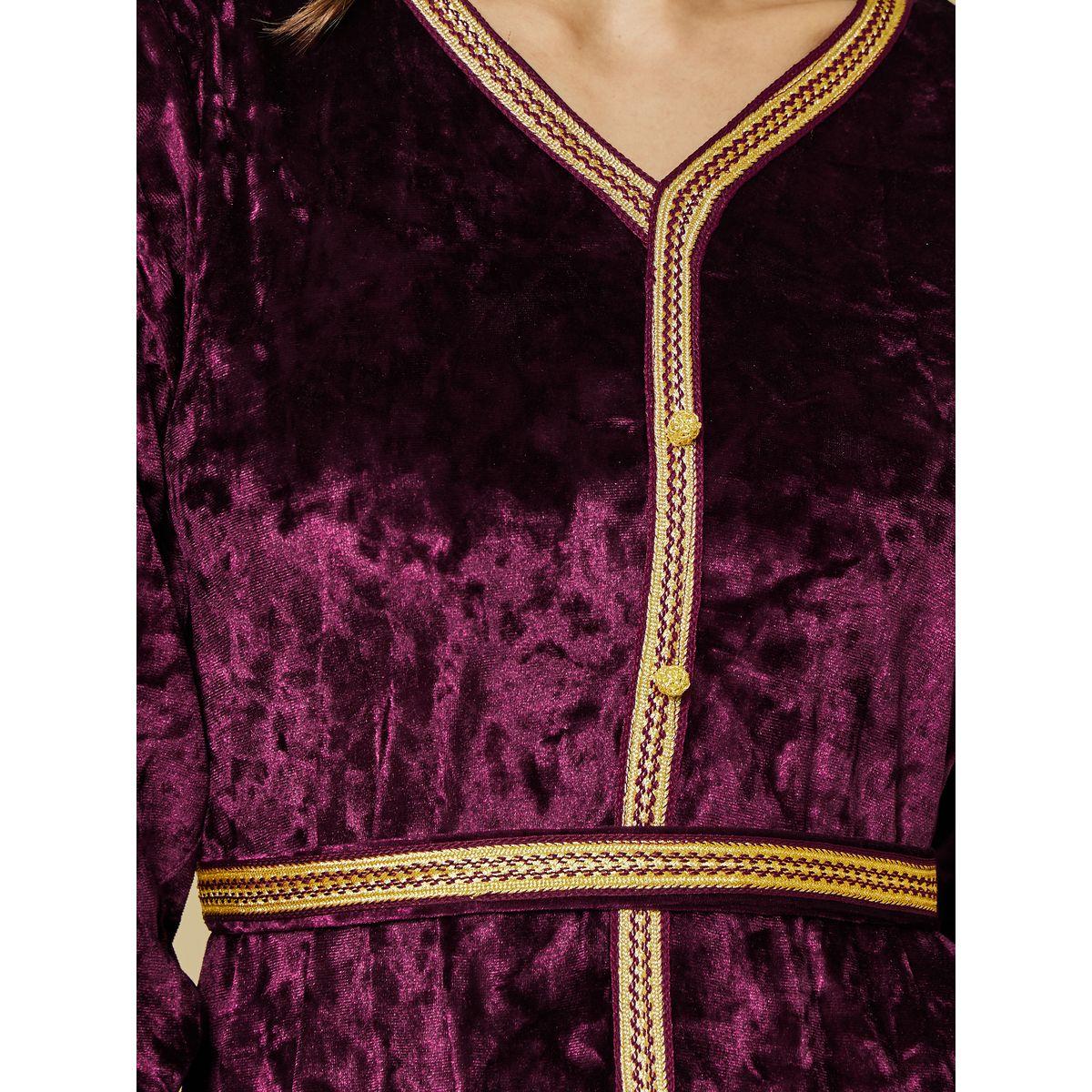 Styli Crushed Velvet Magrabi Lace Kaftan with Tie Belt-women-arabicclothing-kaftan-image-4