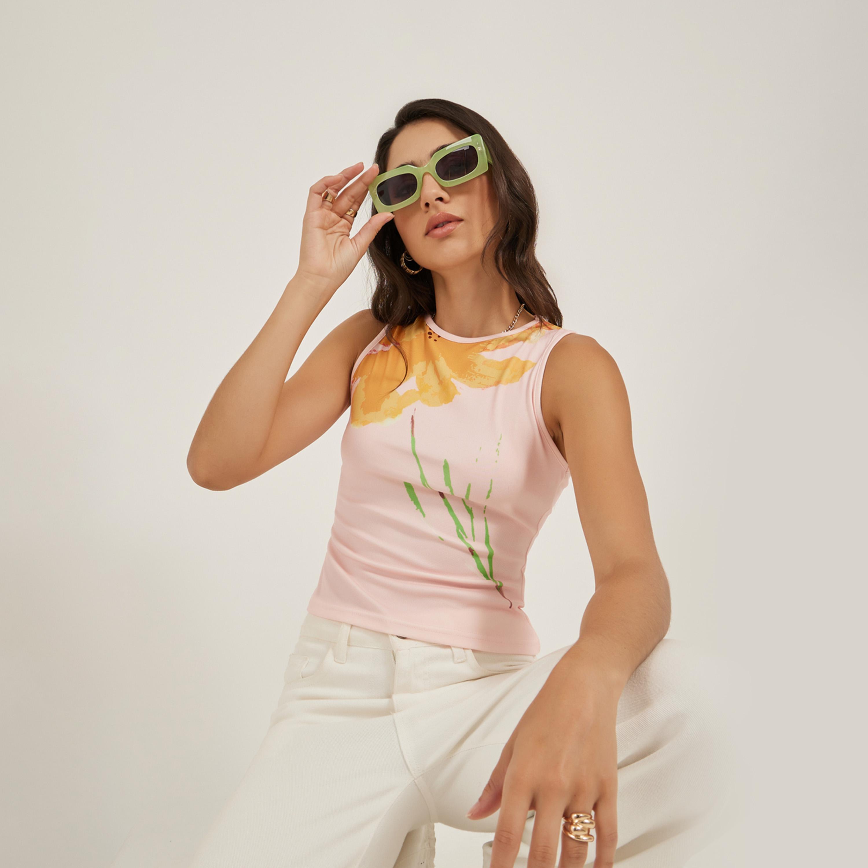 Styli Floral Print Round Neck Contrast Piping Sleeveless Tank-women-clothing-tshirts-image-1