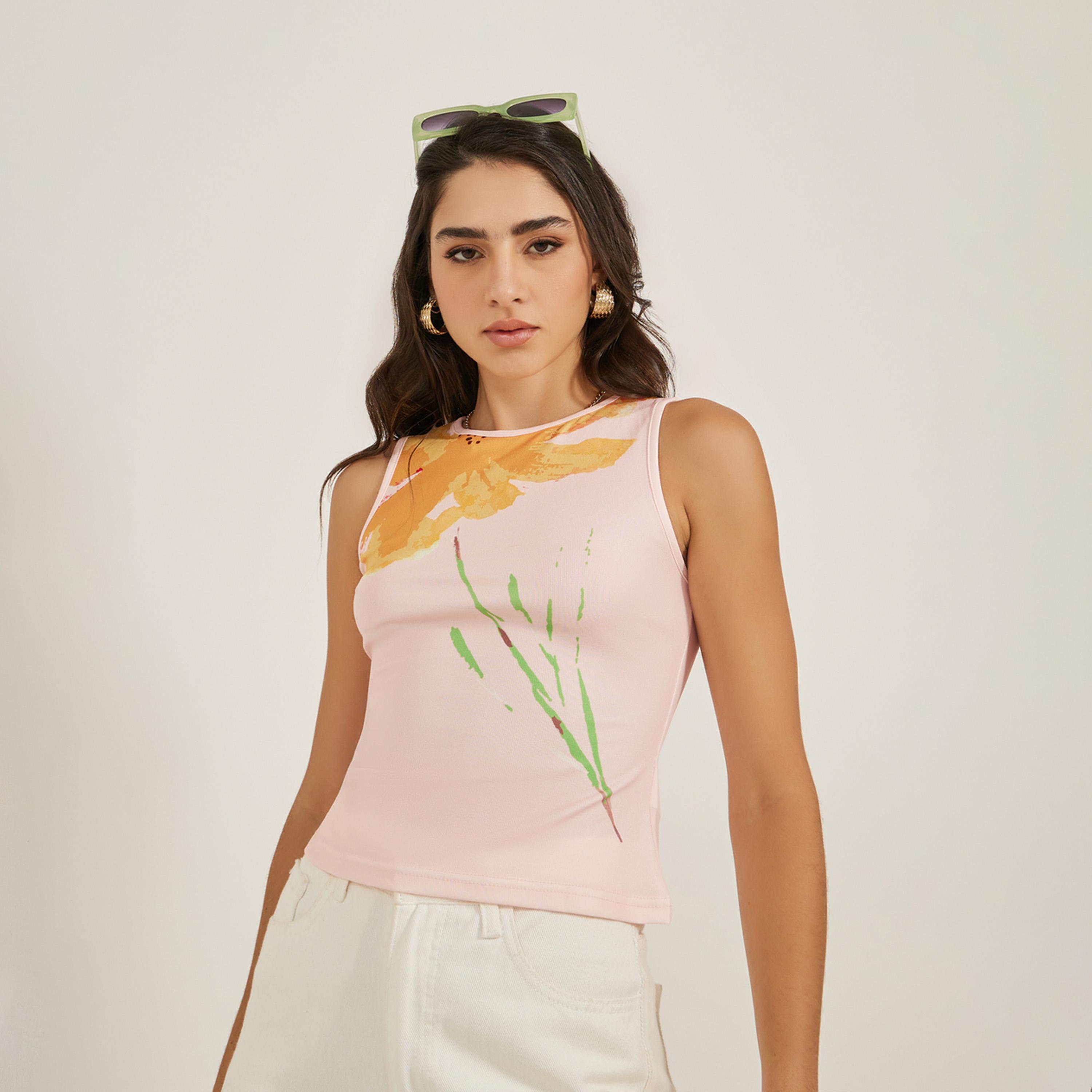 Styli Floral Print Round Neck Contrast Piping Sleeveless Tank-women-clothing-tshirts-image-3