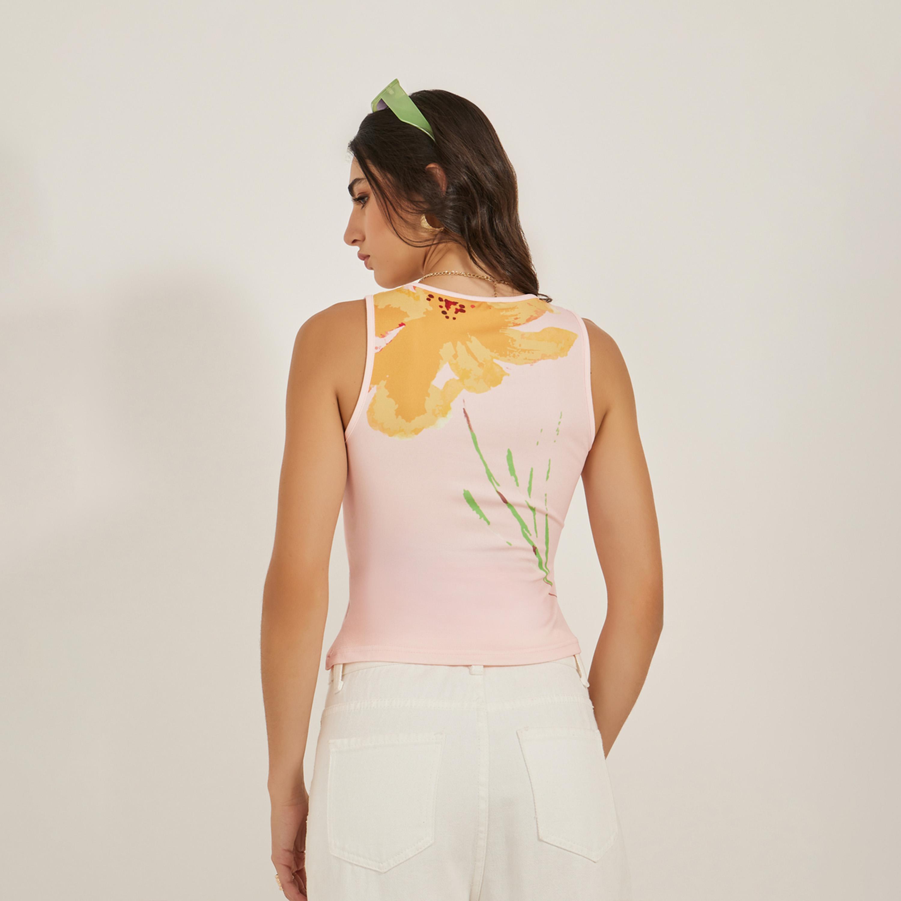 Styli Floral Print Round Neck Contrast Piping Sleeveless Tank-women-clothing-tshirts-image-5