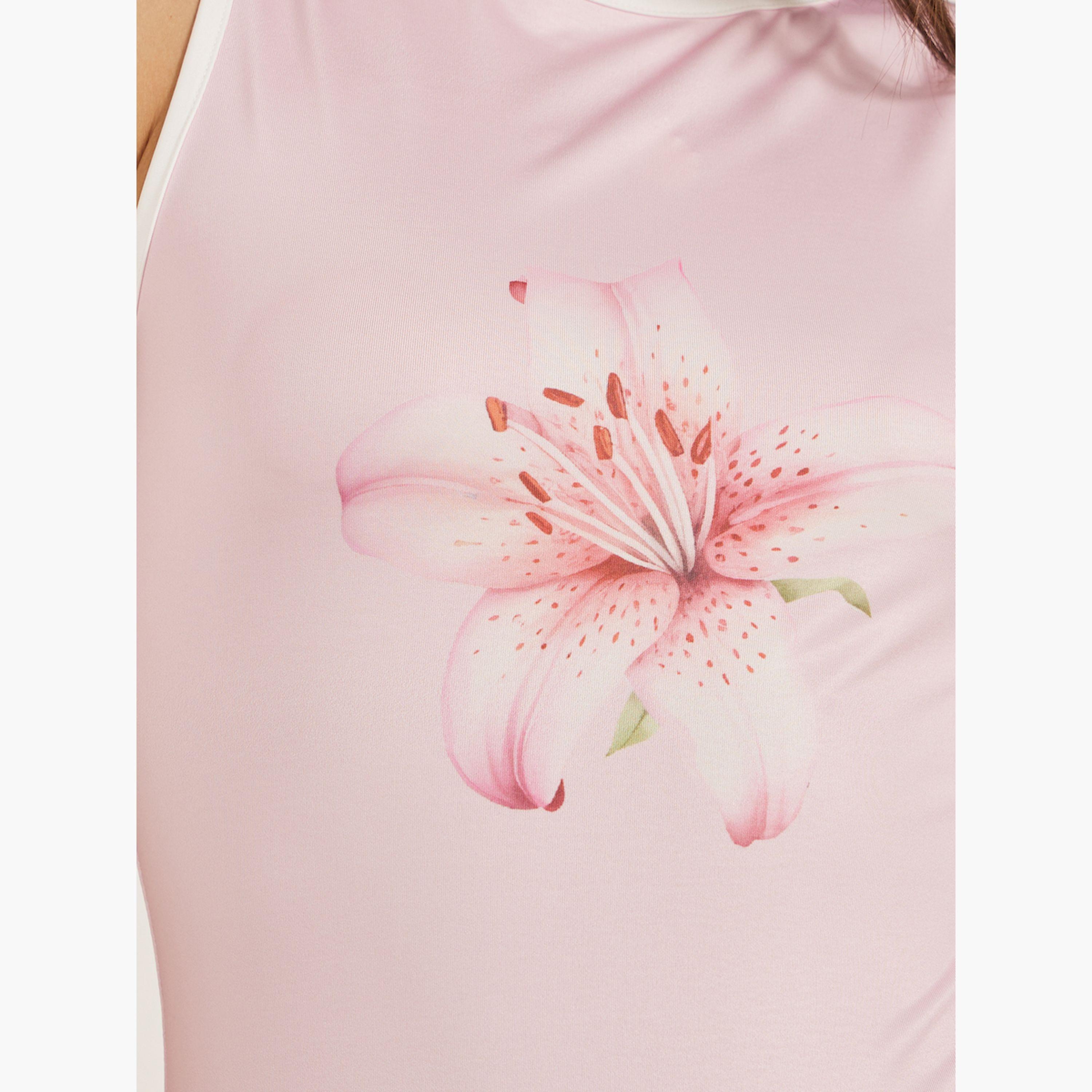 ستايلي - بلوزة بدون أكمام بطبعة زهور ورقبة دائرية وحواف متباينة-women-clothing-tshirts-image-4
