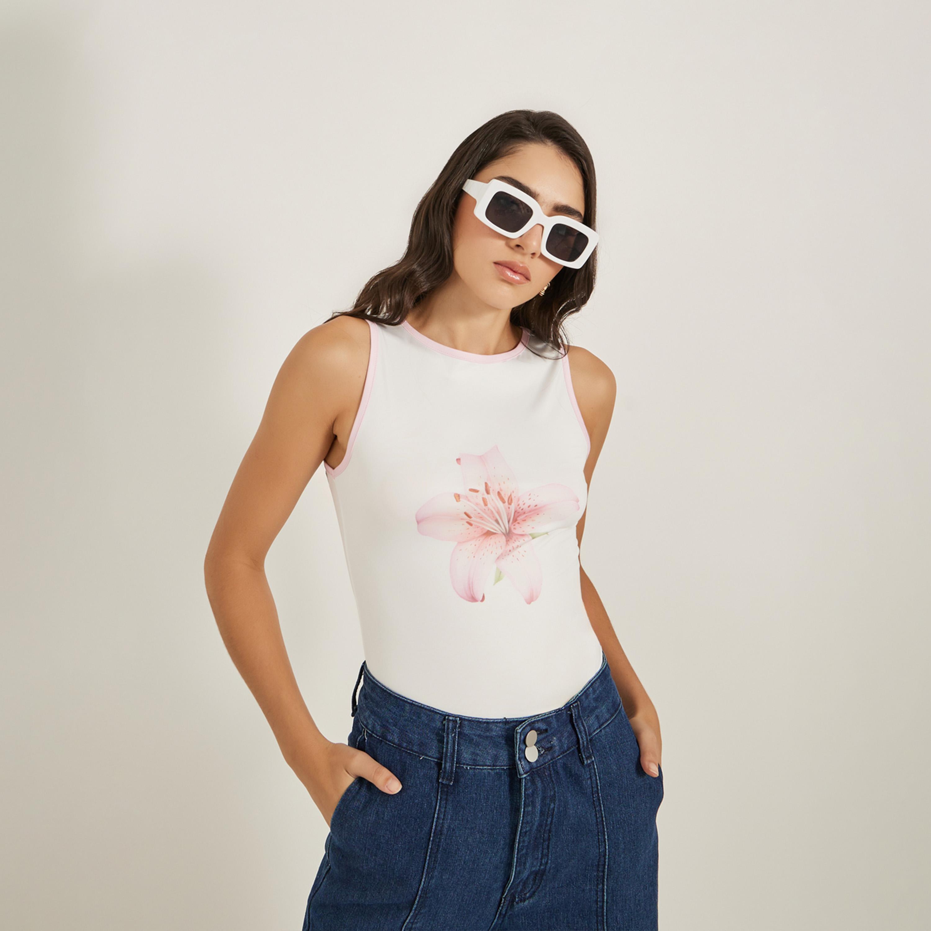 Styli Floral Print Round Neck Contrast Piping Sleeveless Tank-women-clothing-tshirts-image-1