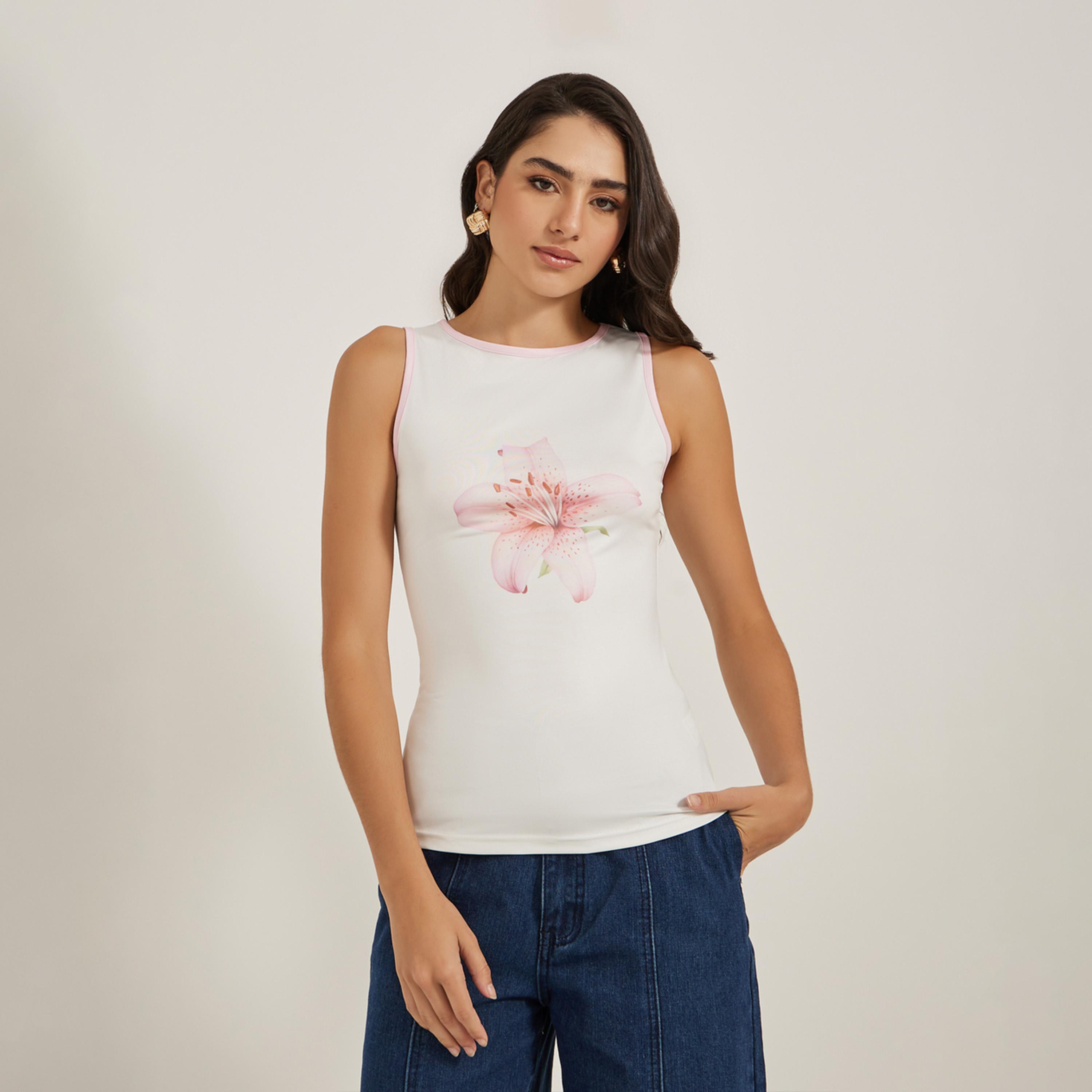 Styli Floral Print Round Neck Contrast Piping Sleeveless Tank-women-clothing-tshirts-image-3