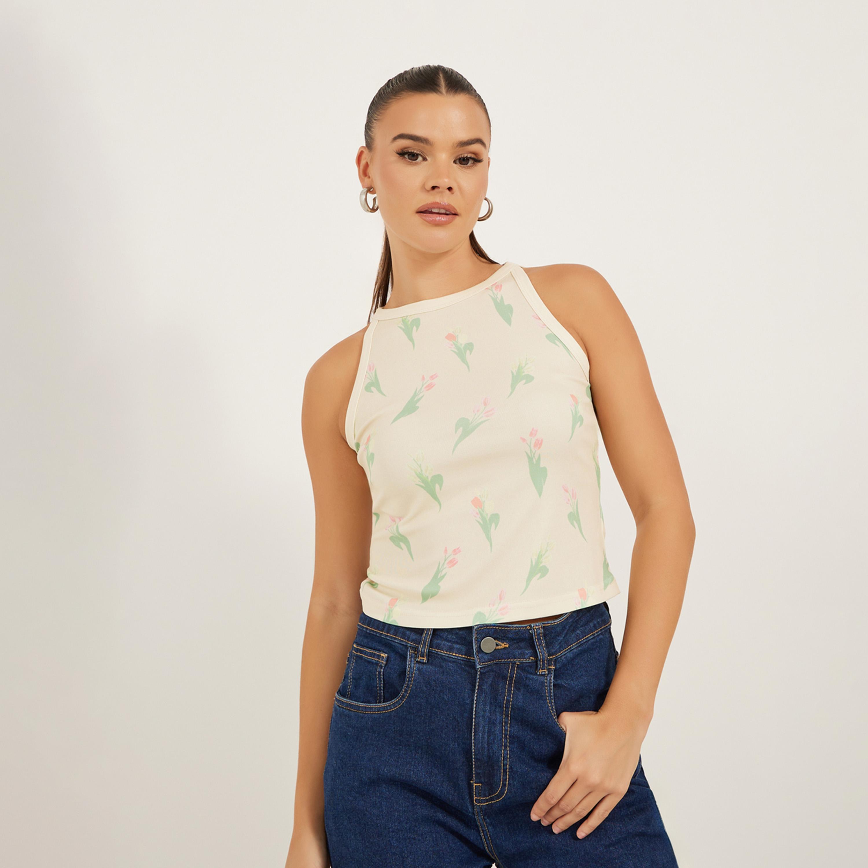 Styli Ribbed Floral Print Halter Neck Tank T-Shirt-women-clothing-tshirts-image-1