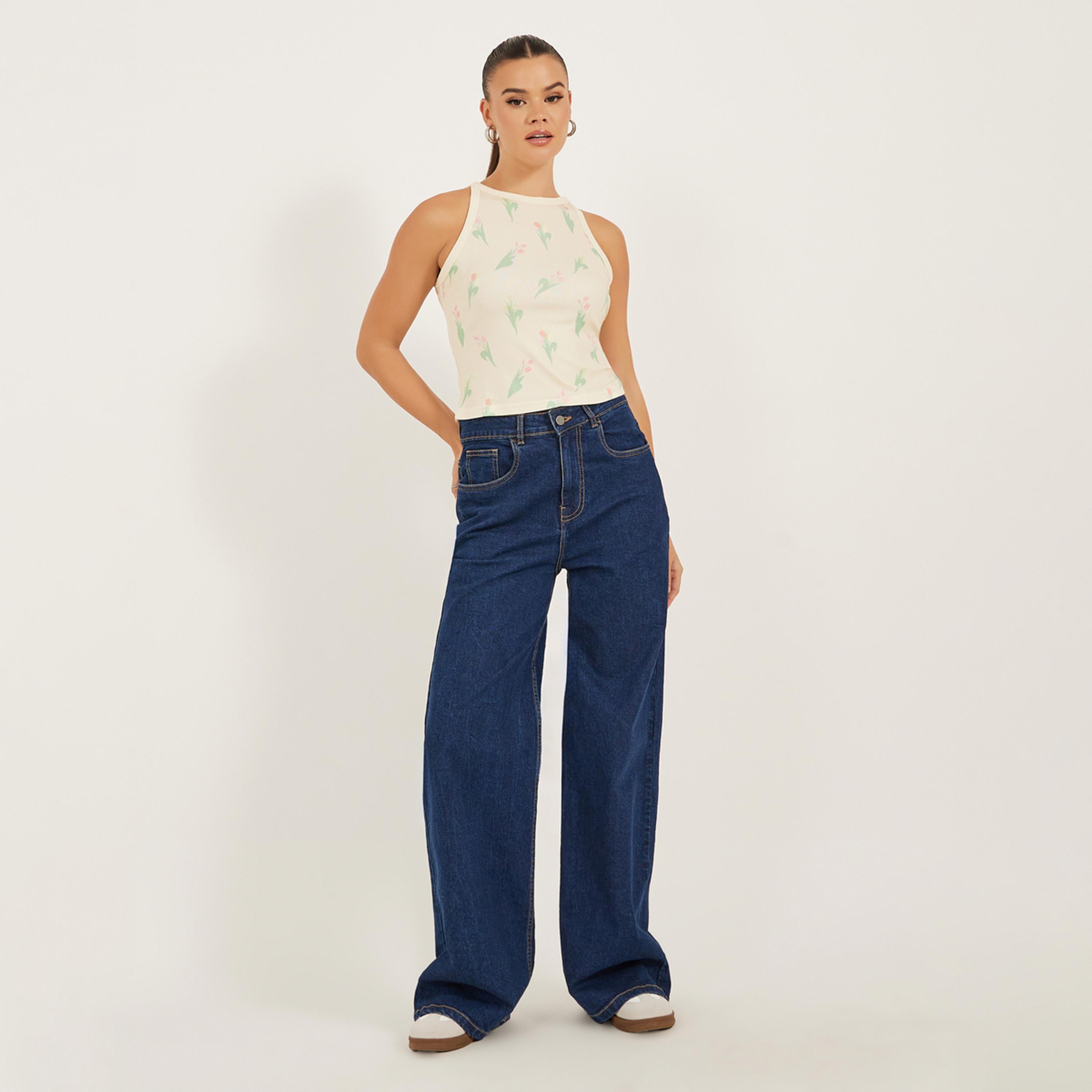 Styli Ribbed Floral Print Halter Neck Tank T-Shirt-women-clothing-tshirts-image-2