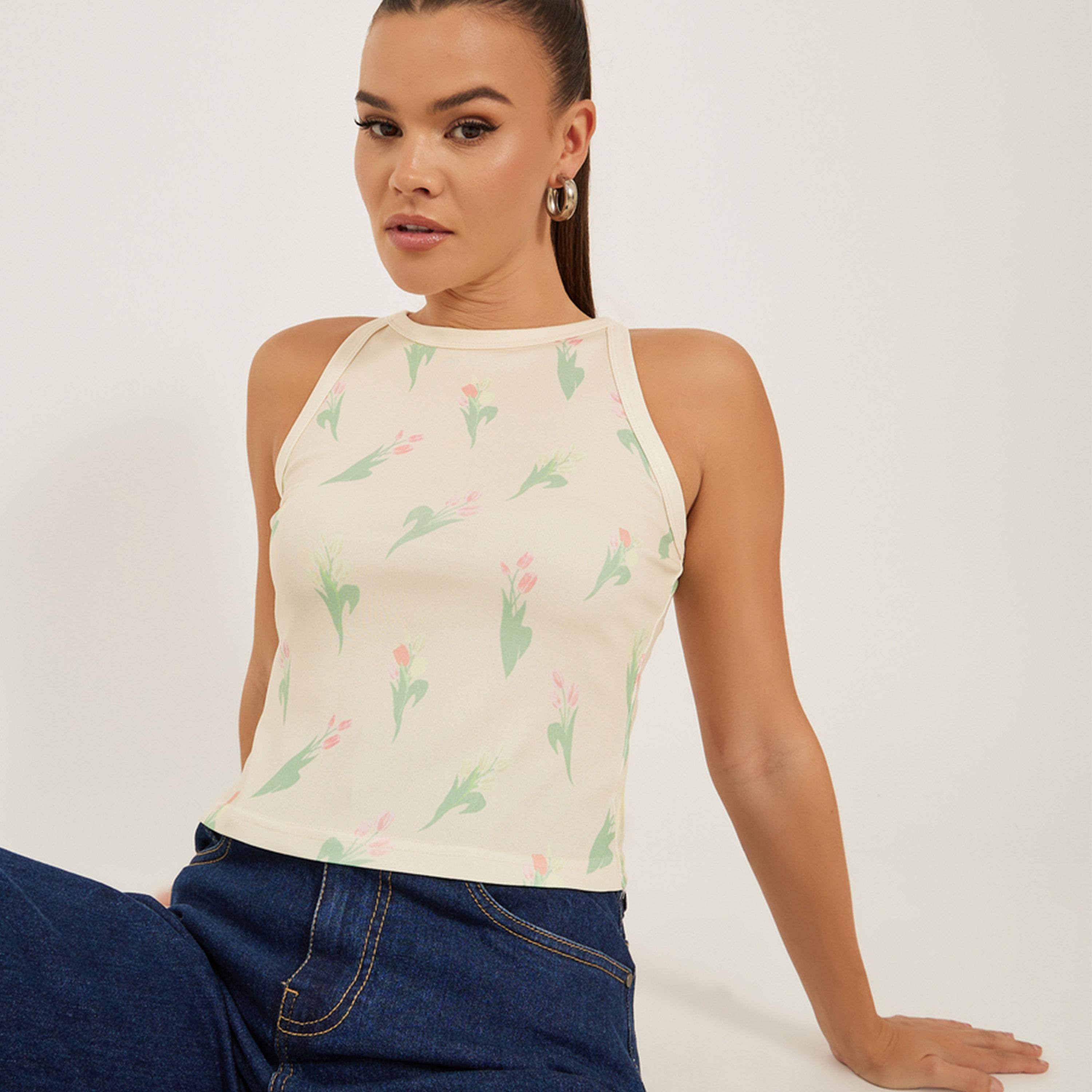 Styli Ribbed Floral Print Halter Neck Tank T-Shirt-women-clothing-tshirts-image-3