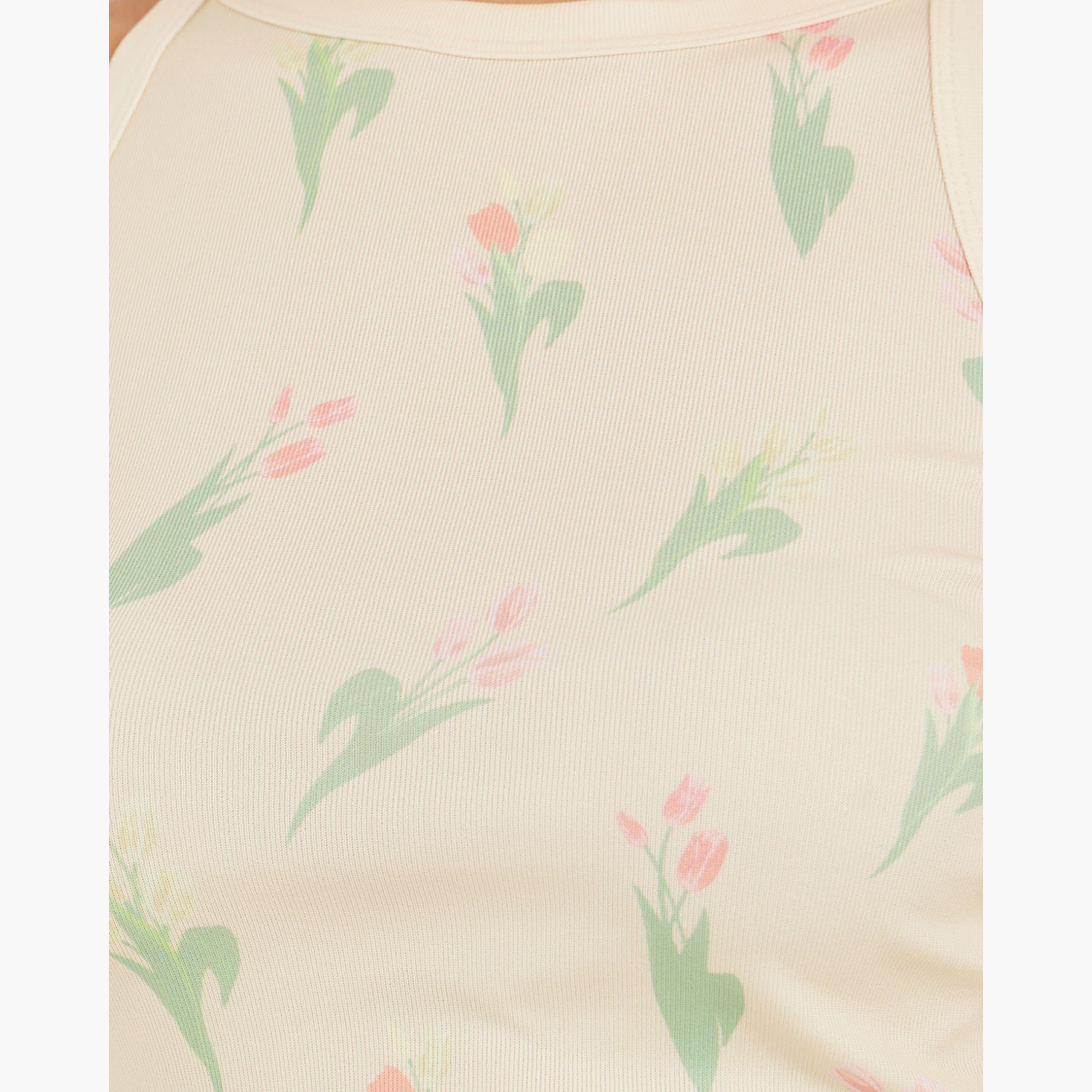Styli Ribbed Floral Print Halter Neck Tank T-Shirt-women-clothing-tshirts-image-4