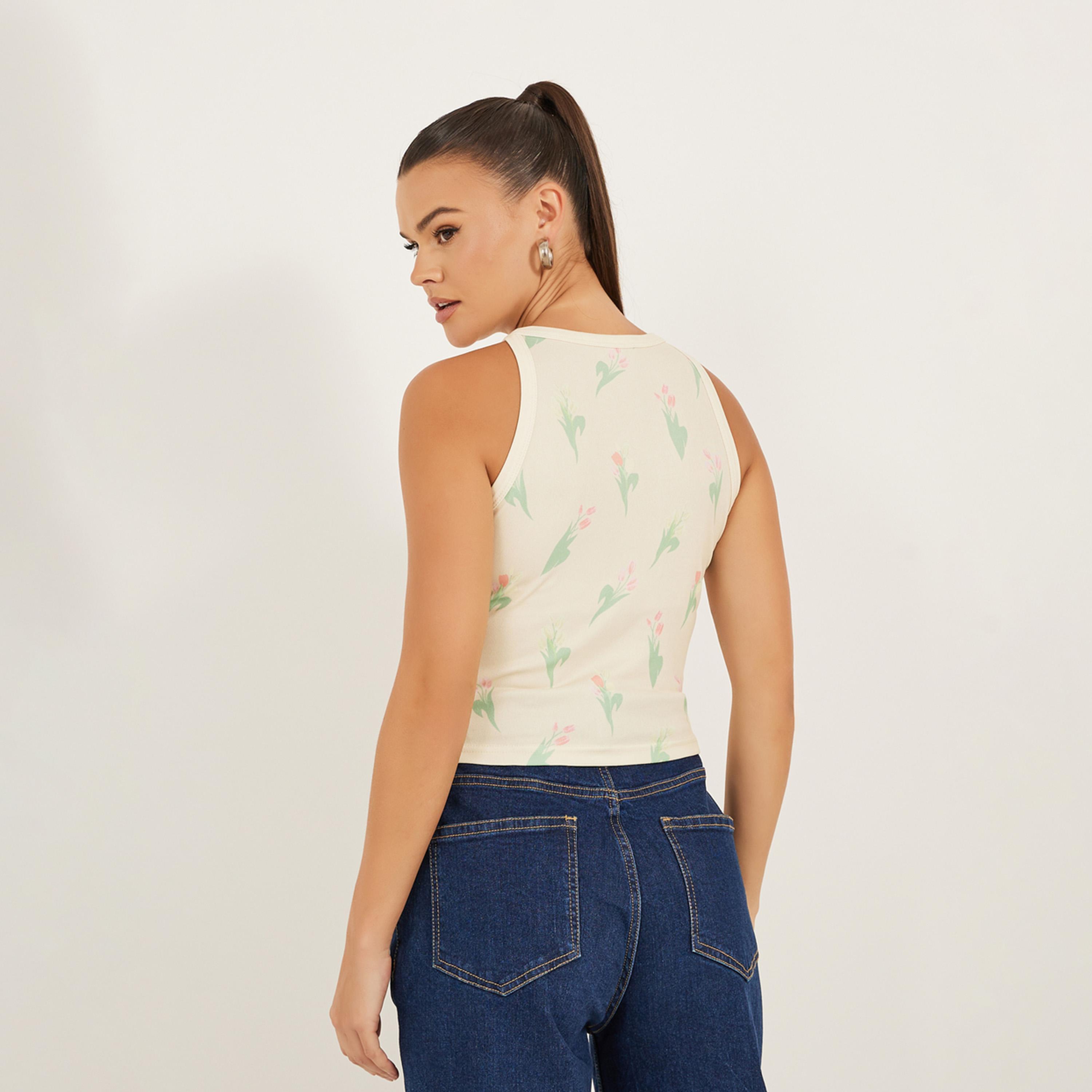 Styli Ribbed Floral Print Halter Neck Tank T-Shirt-women-clothing-tshirts-image-5