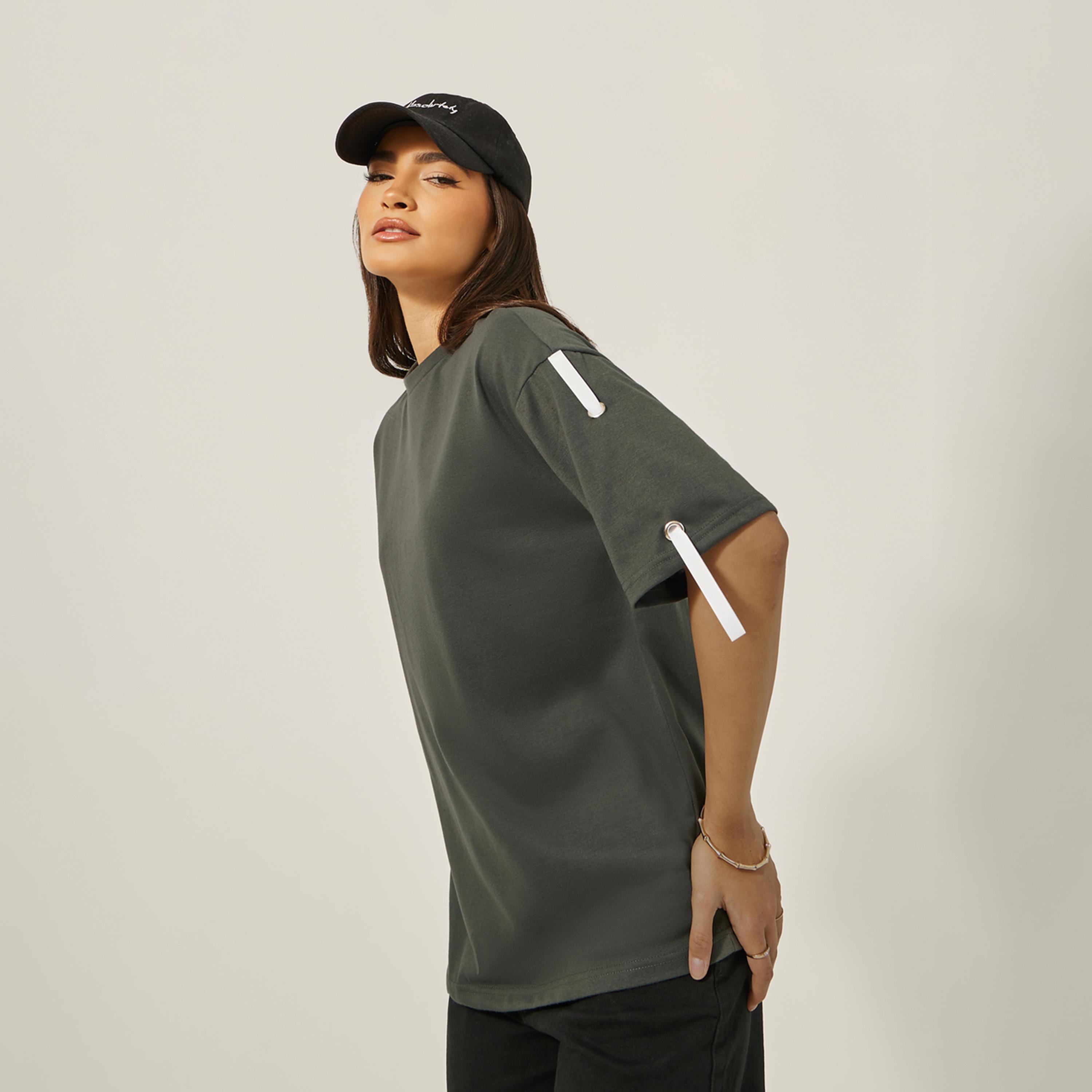 Styli Oversized Round Neck T-Shirt with Tape Detail-women-clothing-tshirts-image-1