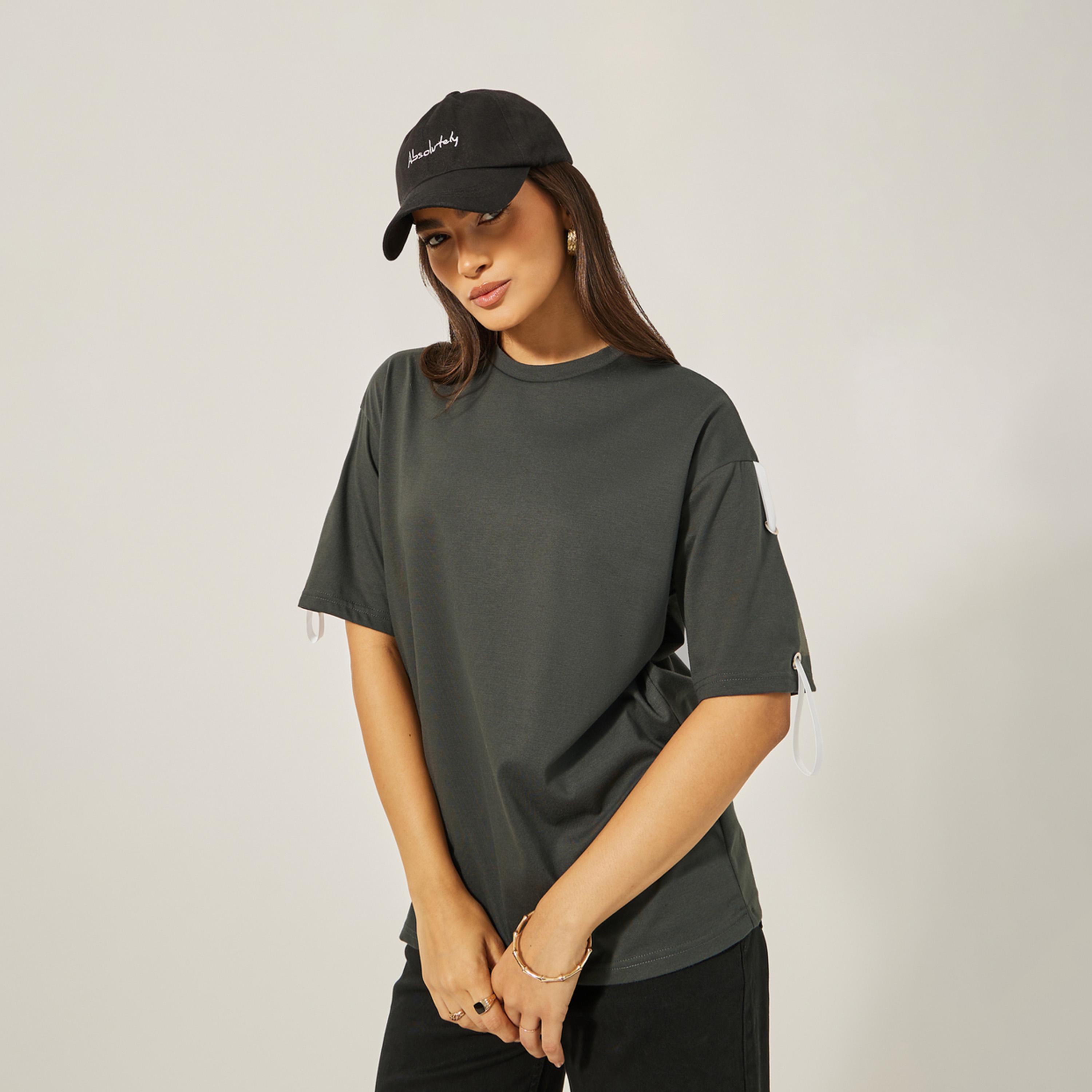 Styli Oversized Round Neck T-Shirt with Tape Detail-women-clothing-tshirts-image-3