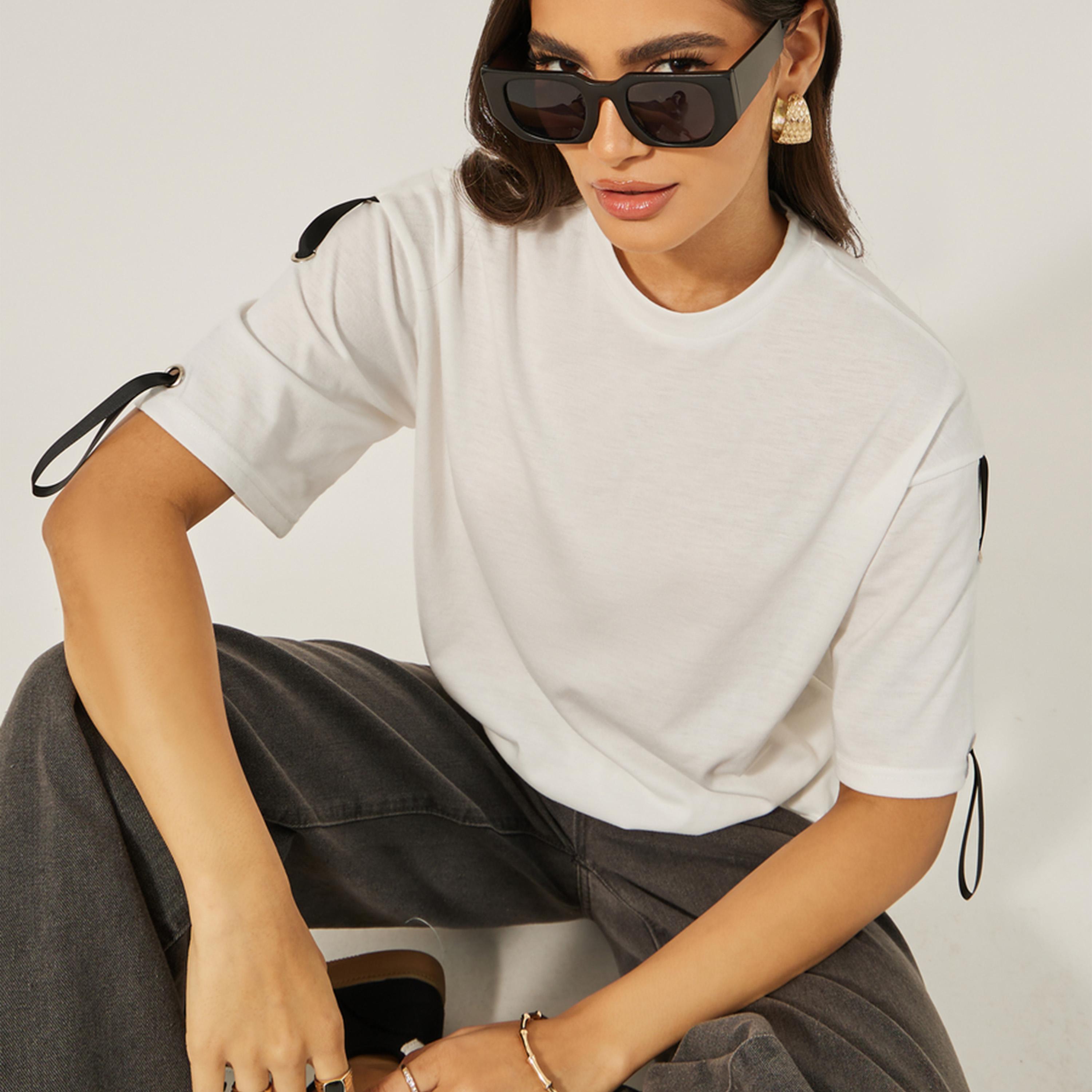 Styli Oversized Round Neck T-Shirt with Tape Detail-women-clothing-tshirts-image-1