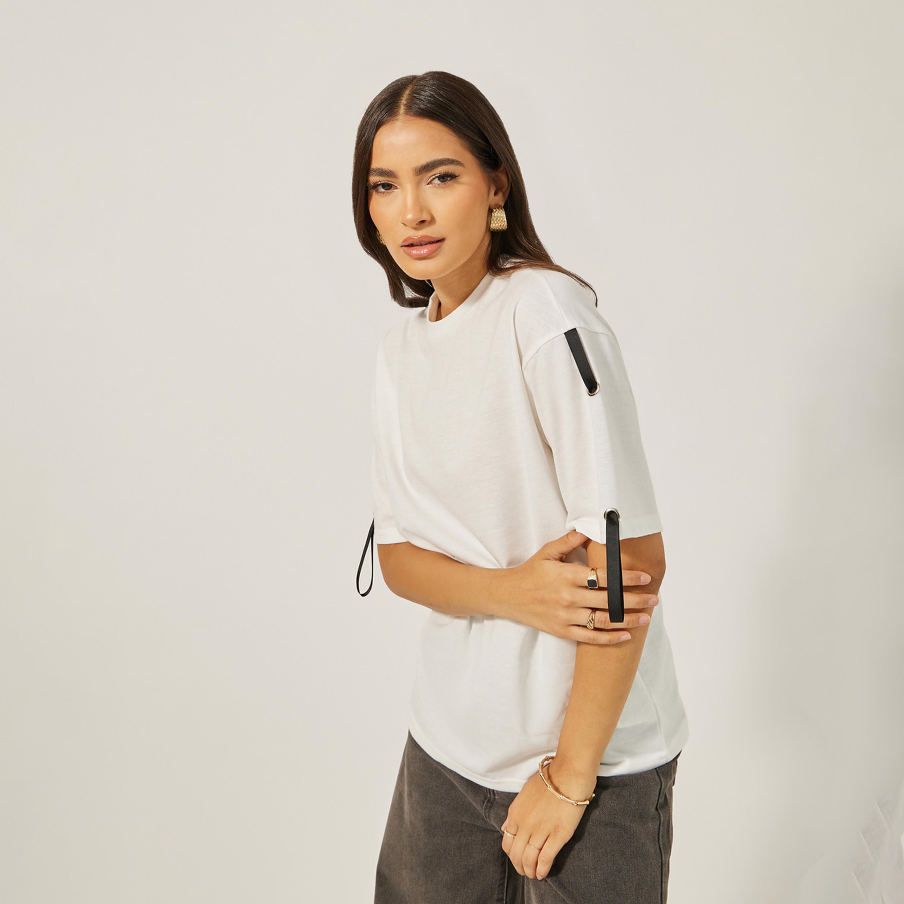 Styli Oversized Round Neck T-Shirt with Tape Detail-women-clothing-tshirts-image-3