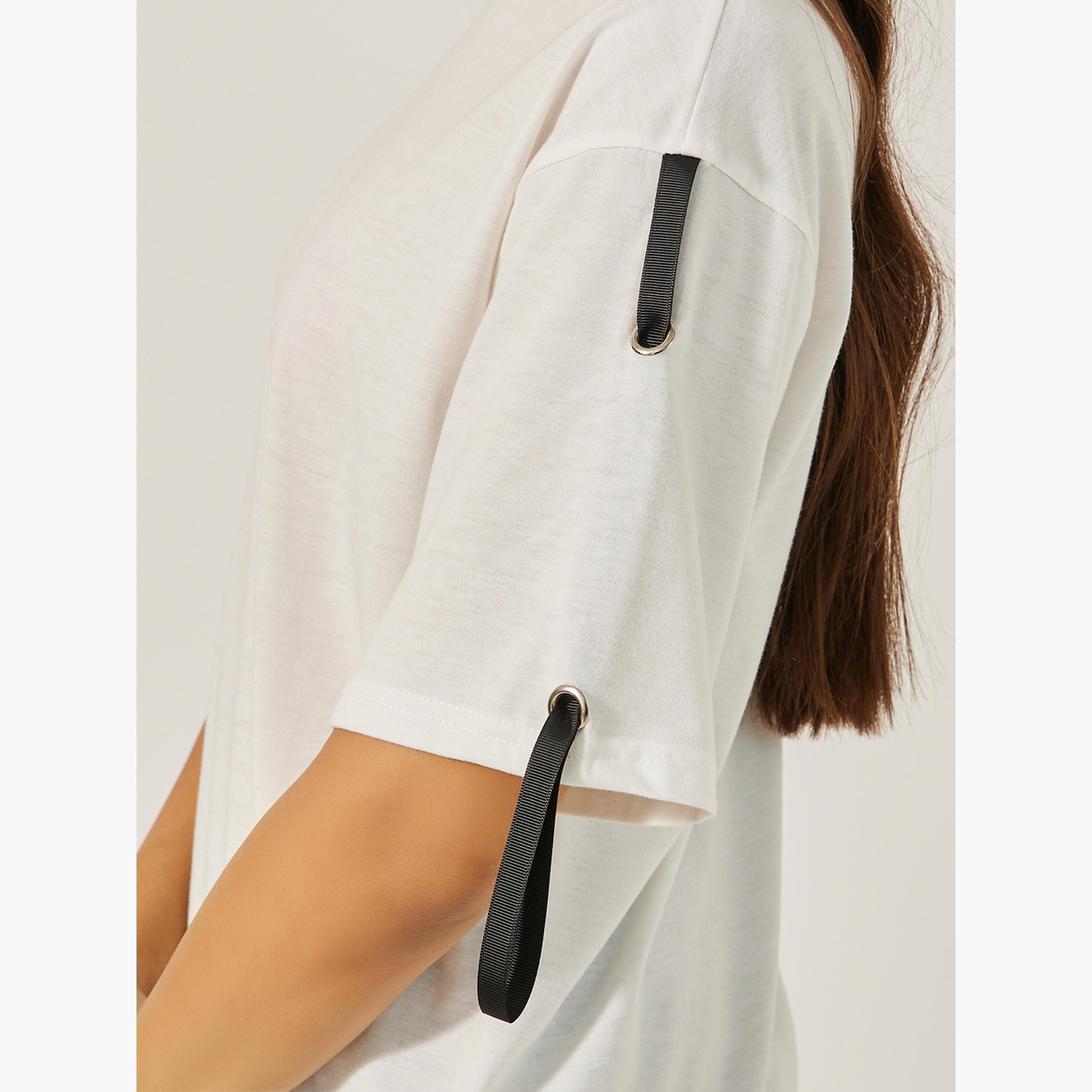 Styli Oversized Round Neck T-Shirt with Tape Detail-women-clothing-tshirts-image-4