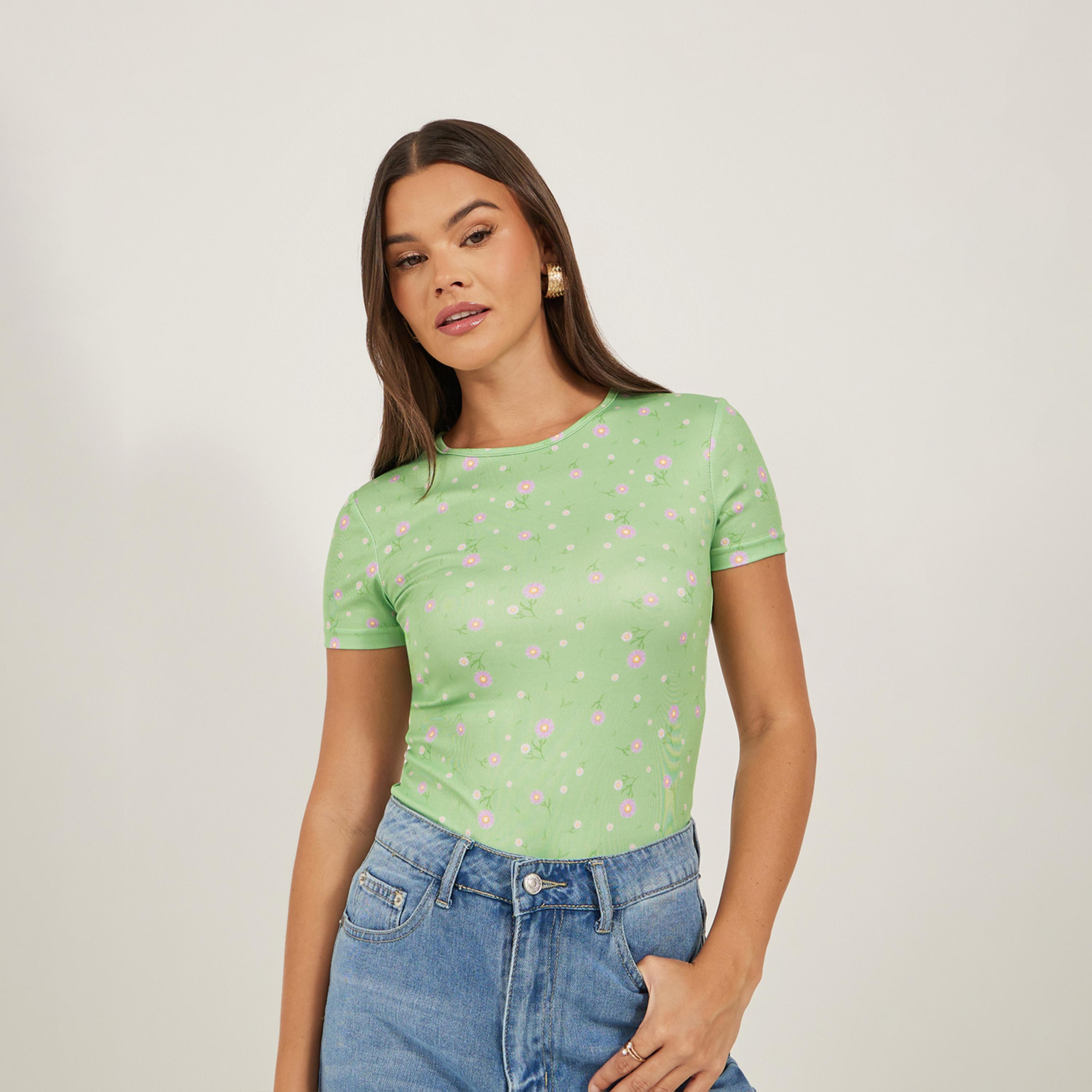 Styli Ribbed Printed Round Neck Fitted T-Shirt-women-clothing-tshirts-image-1