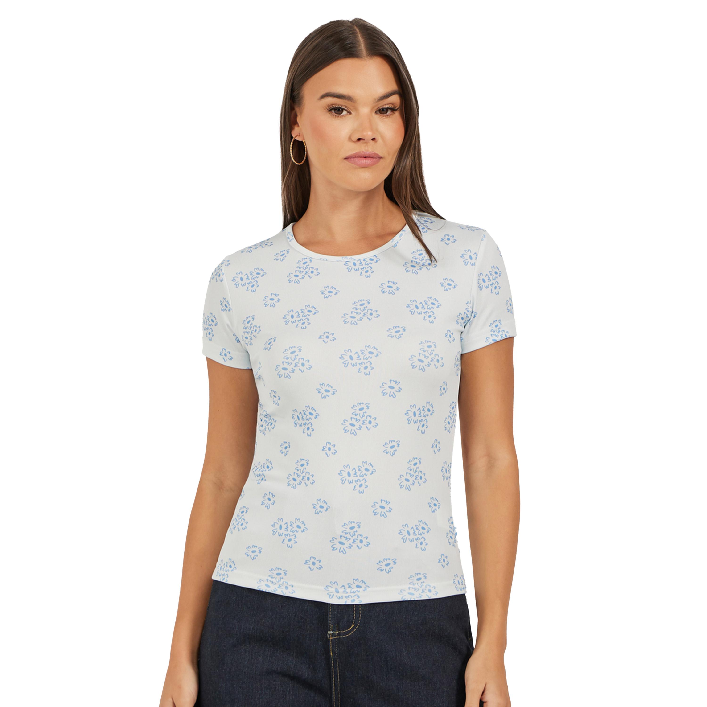 Styli Ribbed Floral Print Round Neck T-Shirt-women-clothing-tshirts-image-3