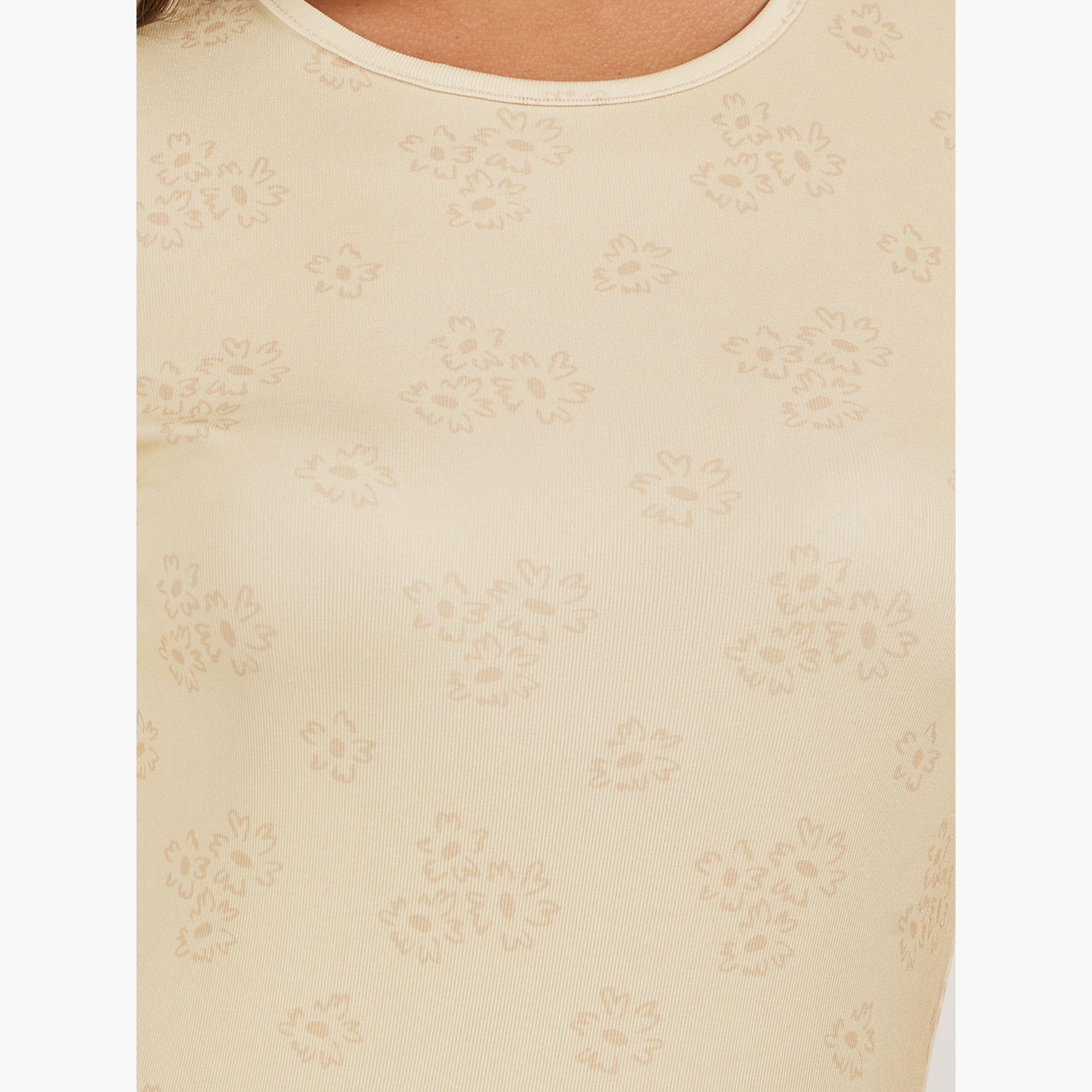 Styli Ribbed Floral Print Round Neck T-Shirt-women-clothing-tshirts-image-5