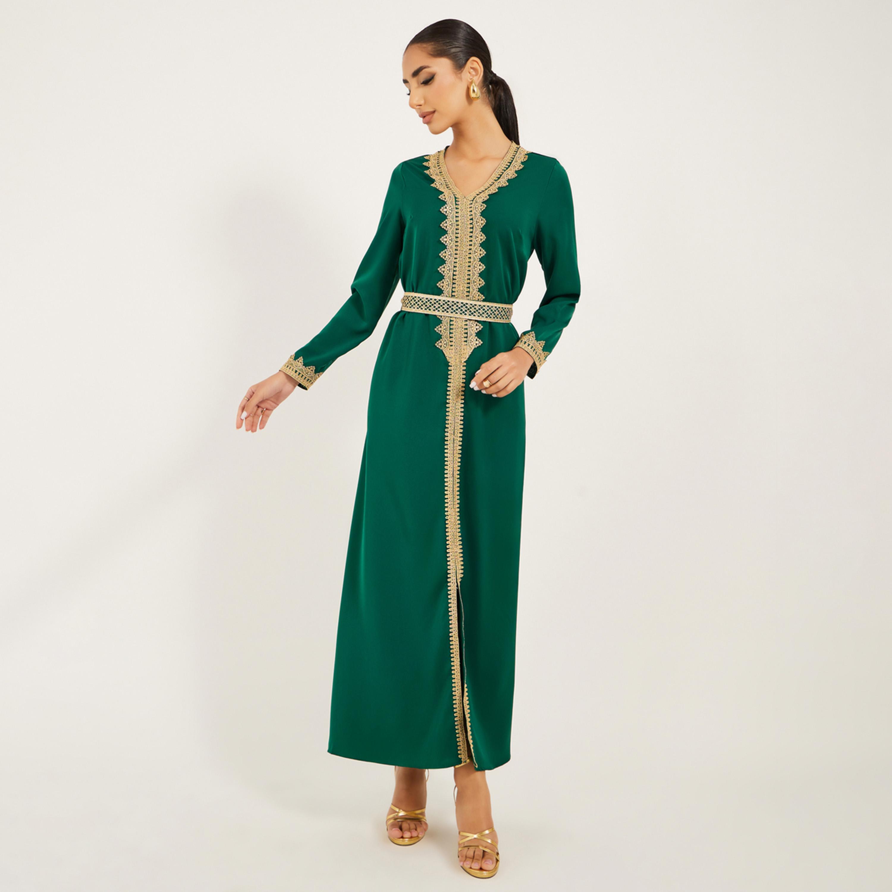 Styli Lace Insert V-Neck Belted A-Line Jalabyia-women-arabicclothing-kaftan-image-1