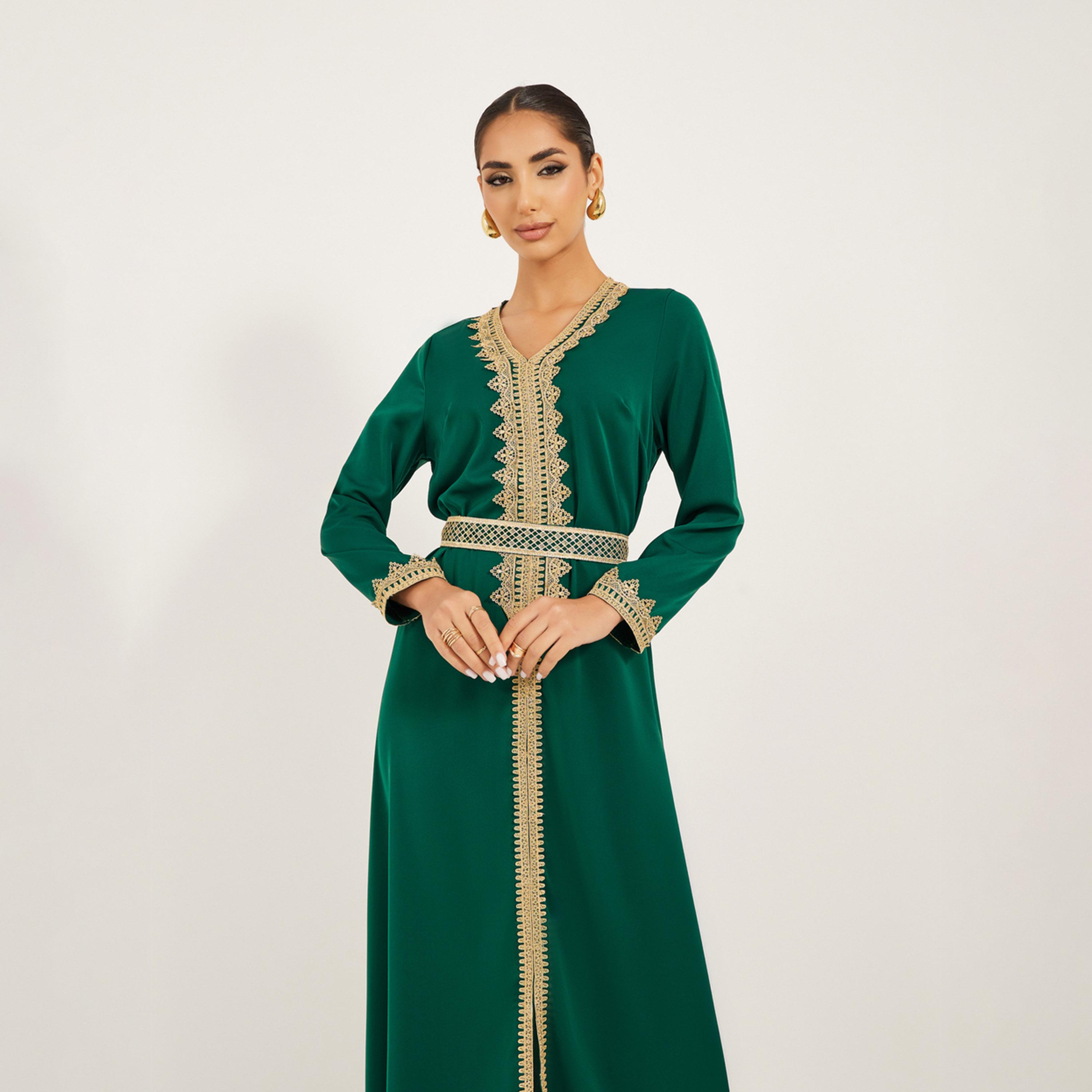 Styli Lace Insert V-Neck Belted A-Line Jalabyia-women-arabicclothing-kaftan-image-2