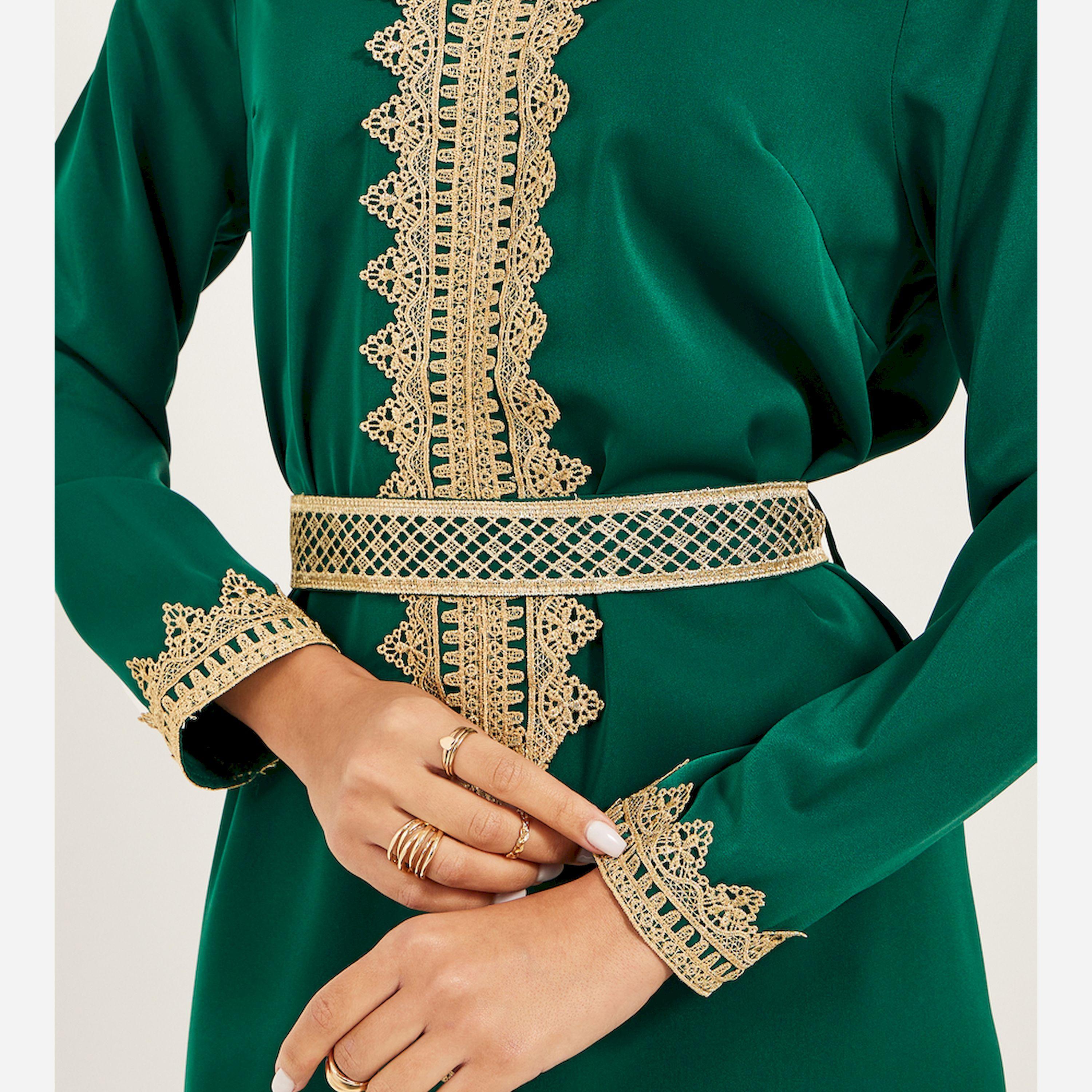 Styli Lace Insert V-Neck Belted A-Line Jalabyia-women-arabicclothing-kaftan-image-3