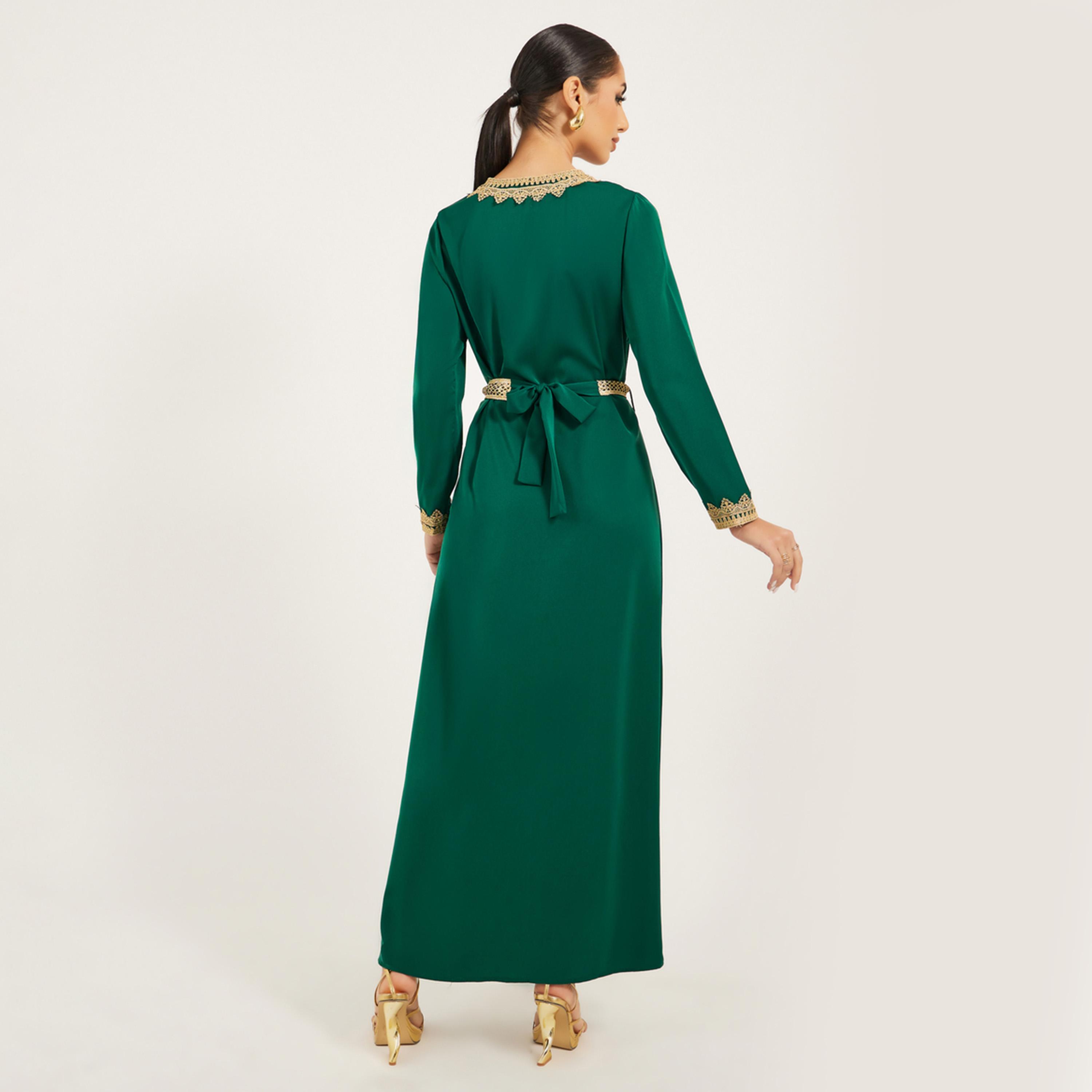 Styli Lace Insert V-Neck Belted A-Line Jalabyia-women-arabicclothing-kaftan-image-4