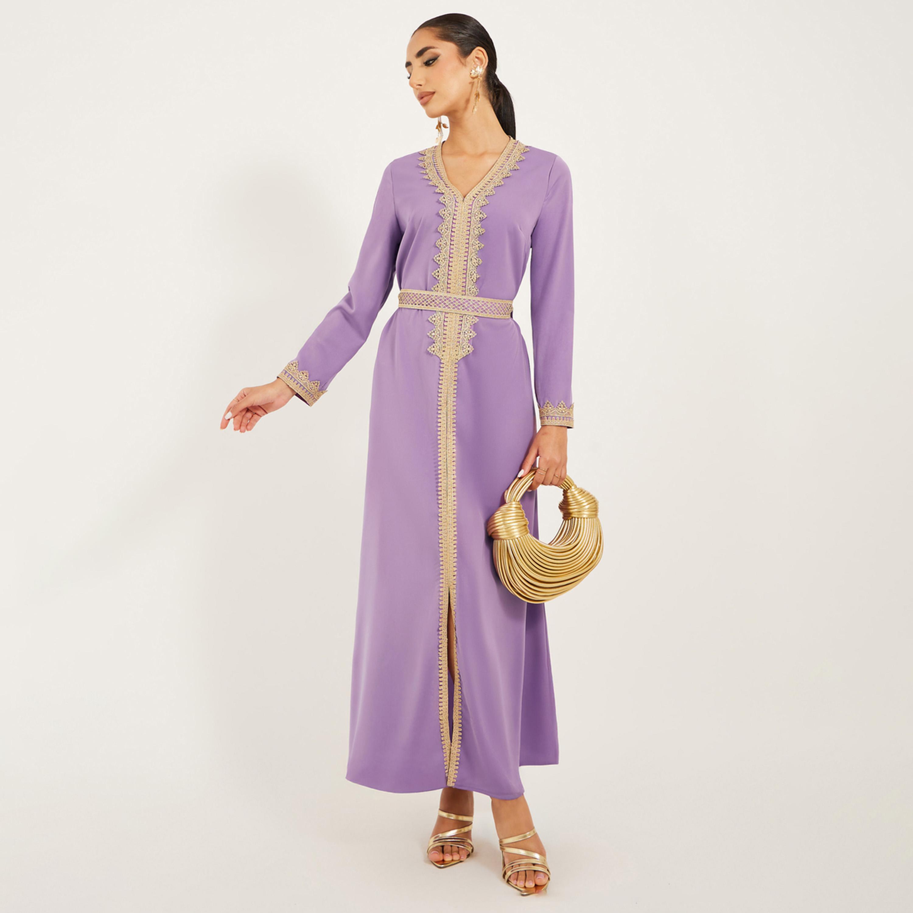 Amirah X Styli Arabic Kaftan With V Neck And Gold Lace Trims At Neckline, Sleeve Hem And Centre Front Along With Fabric Belt. Lace Trim On Fabric Belt-women-arabicclothing-kaftan-image-1