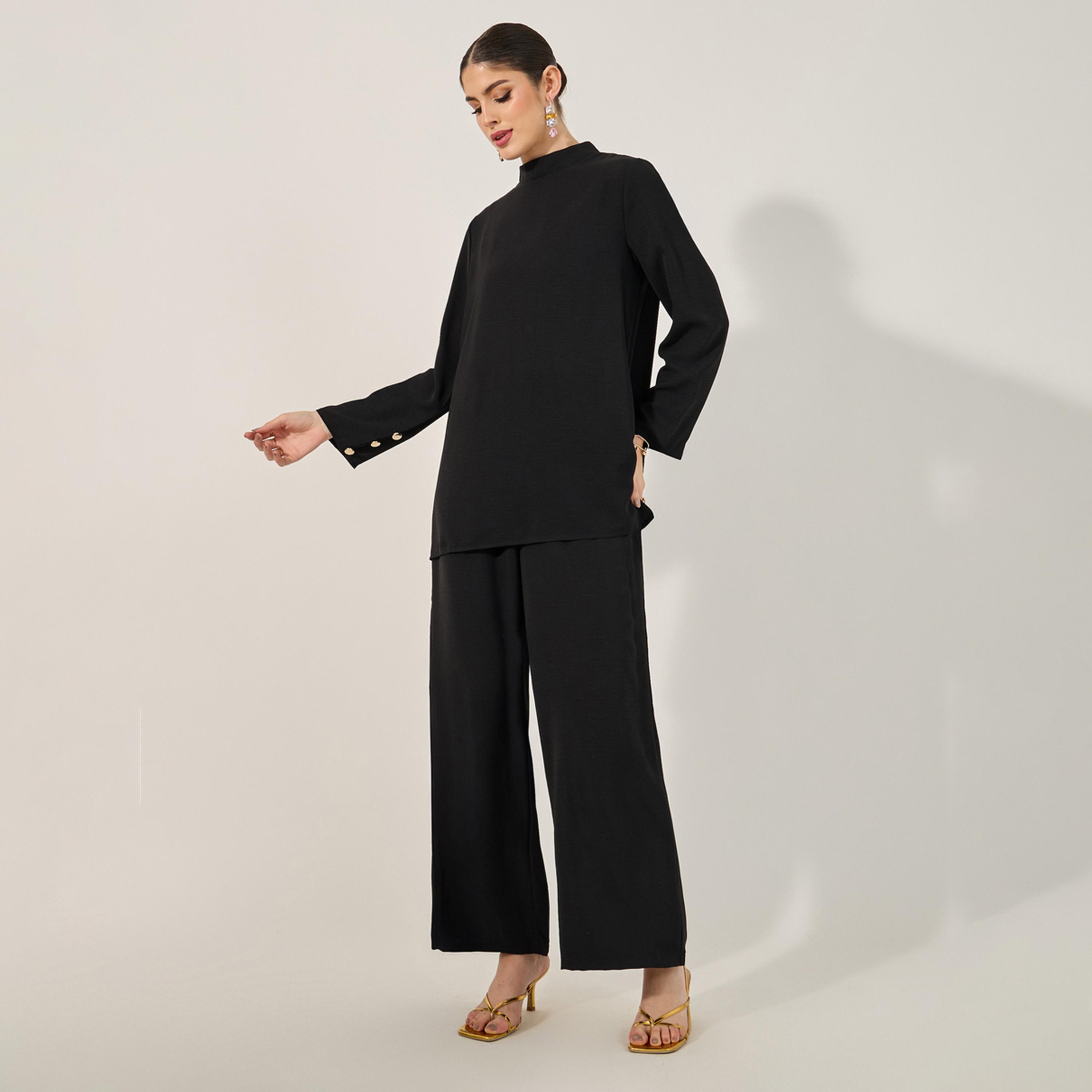 Styli High Neck Long Top W/ Metallic Button Trim At Sleeve Cuff And Wide Leg Pants Modest Set-women-arabicclothing-sets-image-1