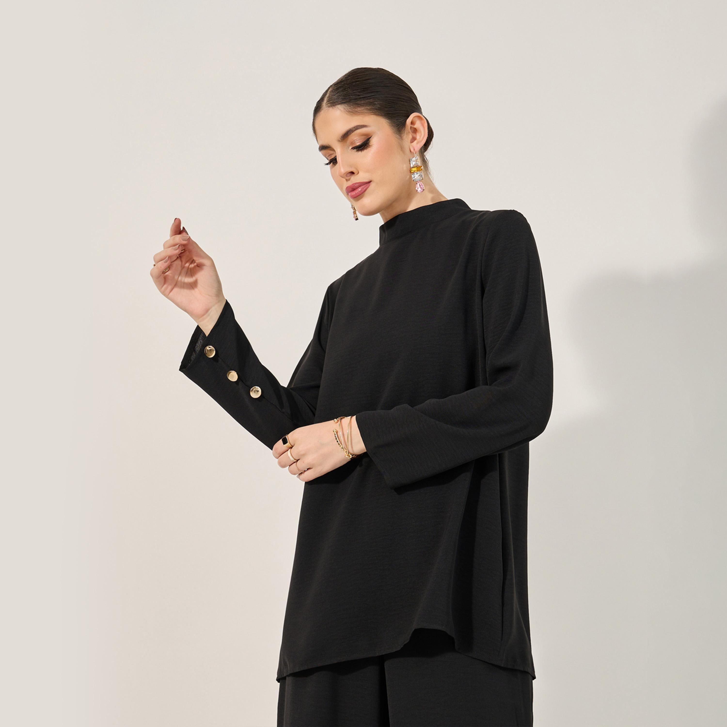 Styli High Neck Long Top W/ Metallic Button Trim At Sleeve Cuff And Wide Leg Pants Modest Set-women-arabicclothing-sets-image-3