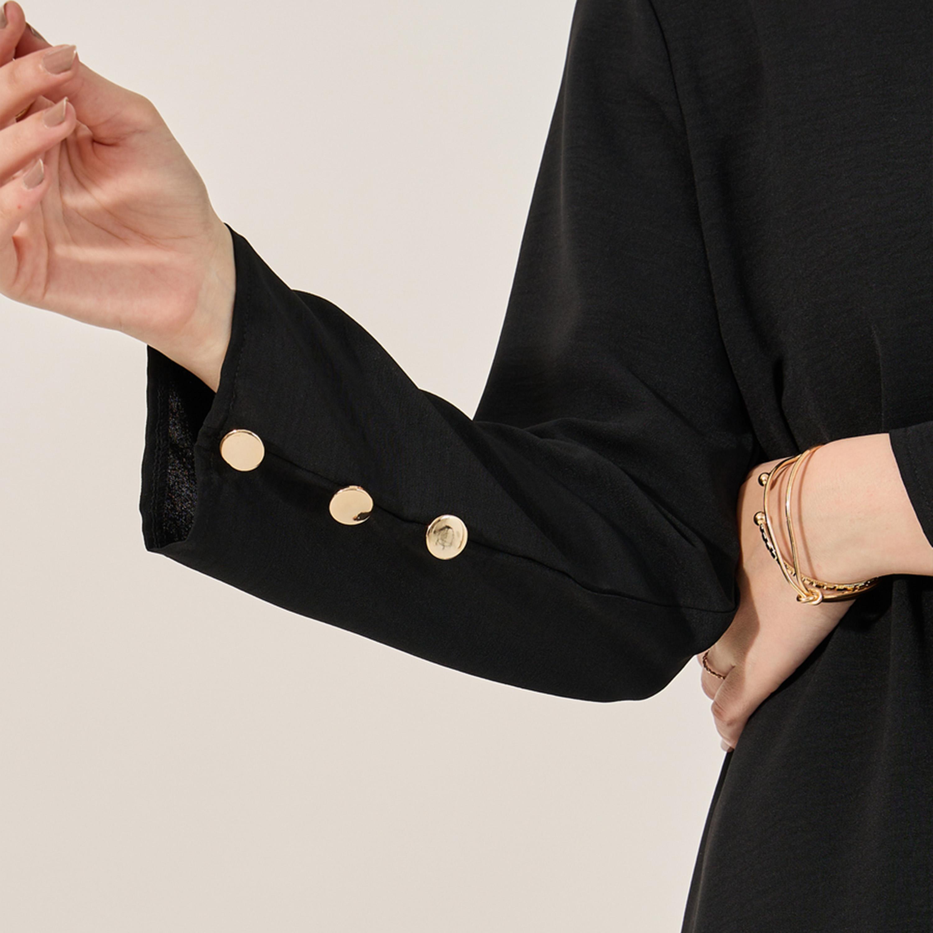 Styli High Neck Long Top W/ Metallic Button Trim At Sleeve Cuff And Wide Leg Pants Modest Set-women-arabicclothing-sets-image-4